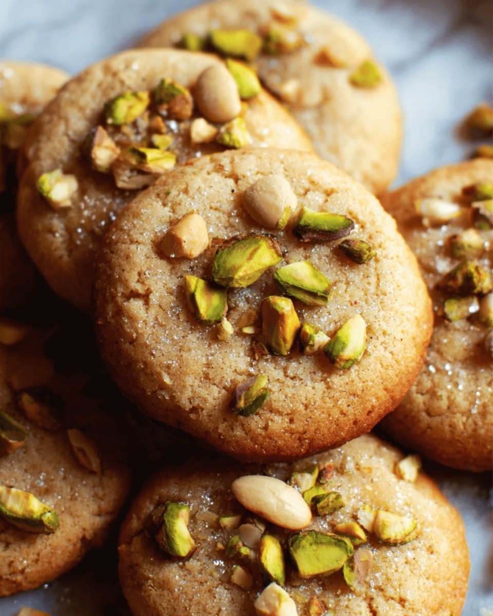 A close-up view of several round cookies stacked closely together. Each cookie has a golden-brown color with a slightly cracked texture on top. The cookies are topped with chopped nuts, including whole and sliced pistachios, adding green and light brown details on the surface. The background has a white marbled texture that softly contrasts with the warm tones of the cookies. Photo taken with an iphone --ar 4:5 --v 7