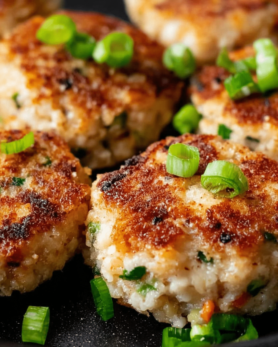 The image shows several thick, round patties cooked to a golden brown with a slightly crispy texture on the outside. The patties are a mix of soft white and light beige colors with small bits of green herbs and vegetables visible throughout. They are topped with small fresh green chopped scallions scattered on top and around them. The background is a close-up view of the black pan surface, but the description changes it to a white marbled texture. photo taken with an iphone --ar 4:5 --v 7