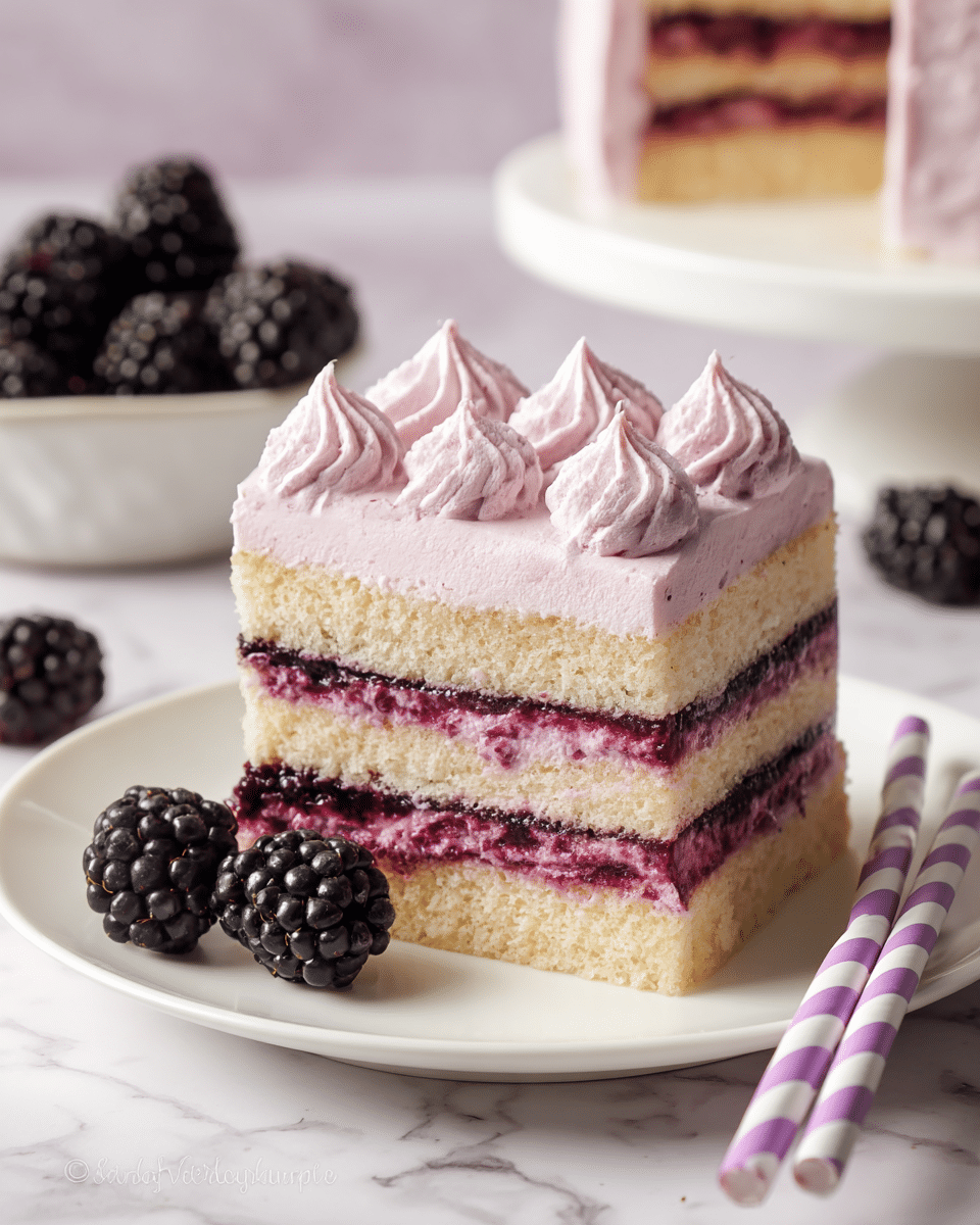 A square piece of layered cake sits on a white plate, featuring three visible layers of pale yellow sponge cake soaked with a dark berry syrup that creates a purple tint on the edges. Between and on top of the sponge layers is a thick, creamy light pink frosting with a smooth texture; on the top, the frosting is piped into five soft peaks. A fresh dark blackberry rests against the cake on the plate, with more blackberries scattered nearby on a white marbled surface. White and purple striped paper straws lie in front of the plate. Photo taken with an iphone --ar 4:5 --v 7