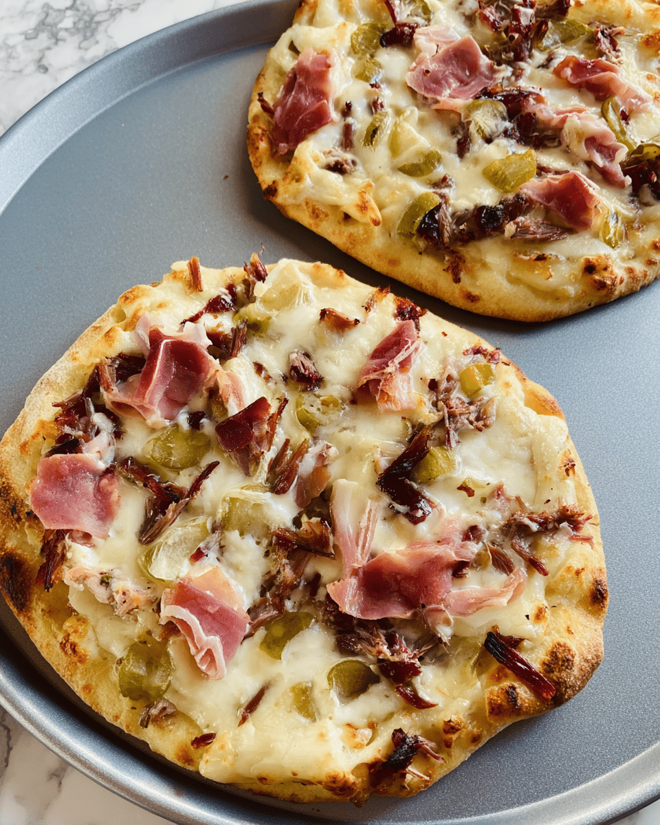 The image shows two small round pizzas on a light gray metal pizza tray placed on a white marbled surface. Each pizza has a golden-brown crust with a slightly fluffy edge. The toppings are spread over a melted creamy white cheese layer, which covers the entire surface except the crust. On top, there are pieces of pink ham, dark brown and slightly charred pulled meat, and small chunks of light green pickles. The toppings are scattered unevenly, showing a mix of textures and colors, making the pizzas look fresh and tasty. Photo taken with an iphone --ar 4:5 --v 7