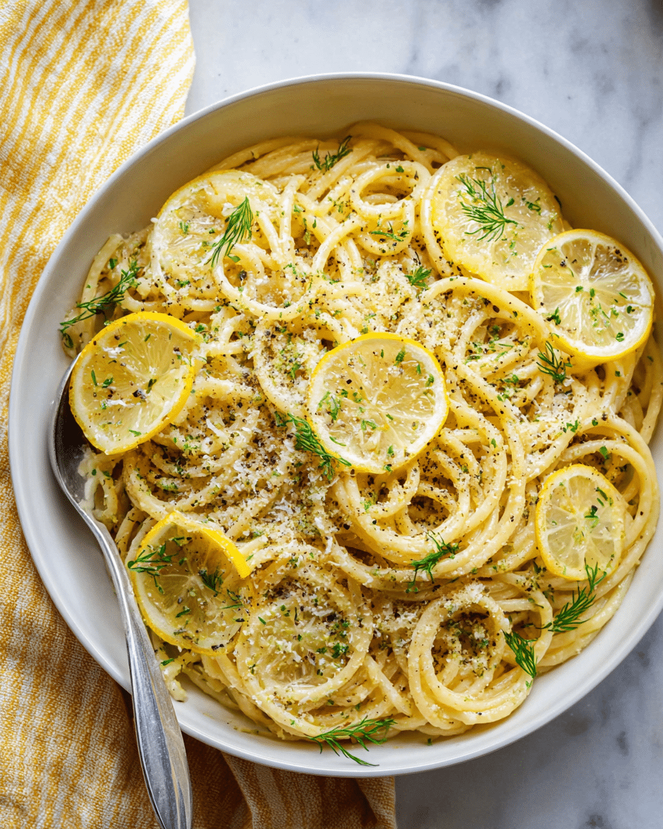 A bowl of spaghetti pasta with a light yellow color is shown, with thin slices of lemon placed on top and mixed in the pasta. The pasta is sprinkled with finely grated white cheese and small green herb bits, likely dill, scattered evenly. The dish is lightly coated with black pepper, visible as small black specks over the noodles. The bowl is white and round, with a silver spoon resting on the left edge. It is set on a white marbled surface next to a yellow and white striped cloth. photo taken with an iphone --ar 4:5 --v 7