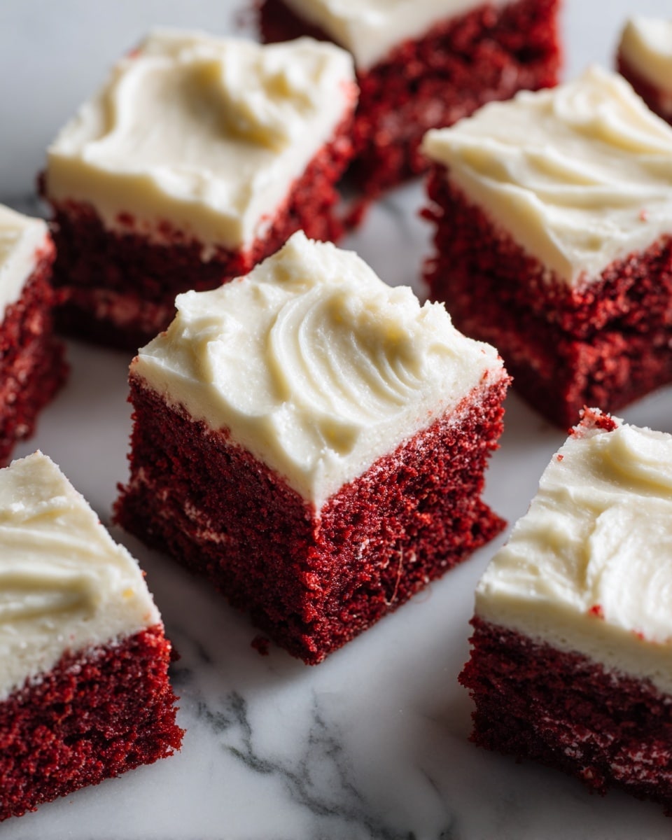 The image shows a close-up of square red velvet cake pieces with a thick layer of smooth, creamy white frosting on top. Each piece is neatly cut, with the deep red, soft, and moist cake layer clearly visible beneath the white frosting. The central piece is lifted, showing the rich, dense texture of the red cake and the even, glossy frosting above it. The cakes rest on a white marbled surface, and the frosting has subtle swirls and soft peaks, giving it a fresh and inviting look. photo taken with an iphone --ar 4:5 --v 7