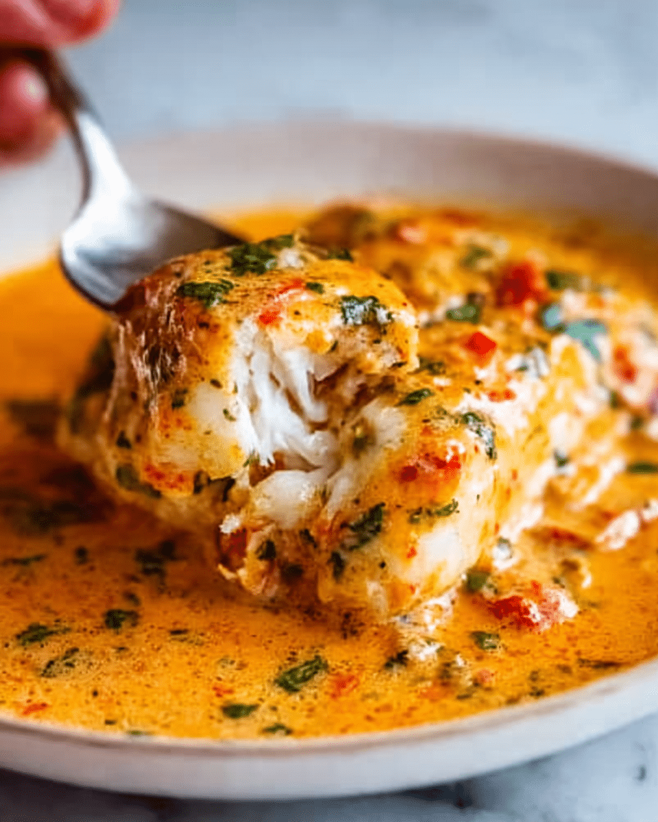 The image shows a close-up of a piece of fish covered with thick creamy orange sauce with visible pieces of herbs and small red bits. The fish is white and flaky, partially cut open to show its tender inside texture. The sauce has green herb sprinkles and small chunks of vegetables evenly mixed in. A spoon is lifting the fish from the sauce, held by a woman's hand on the side, all sitting on a white marbled surface. Photo taken with an iphone --ar 4:5 --v 7
