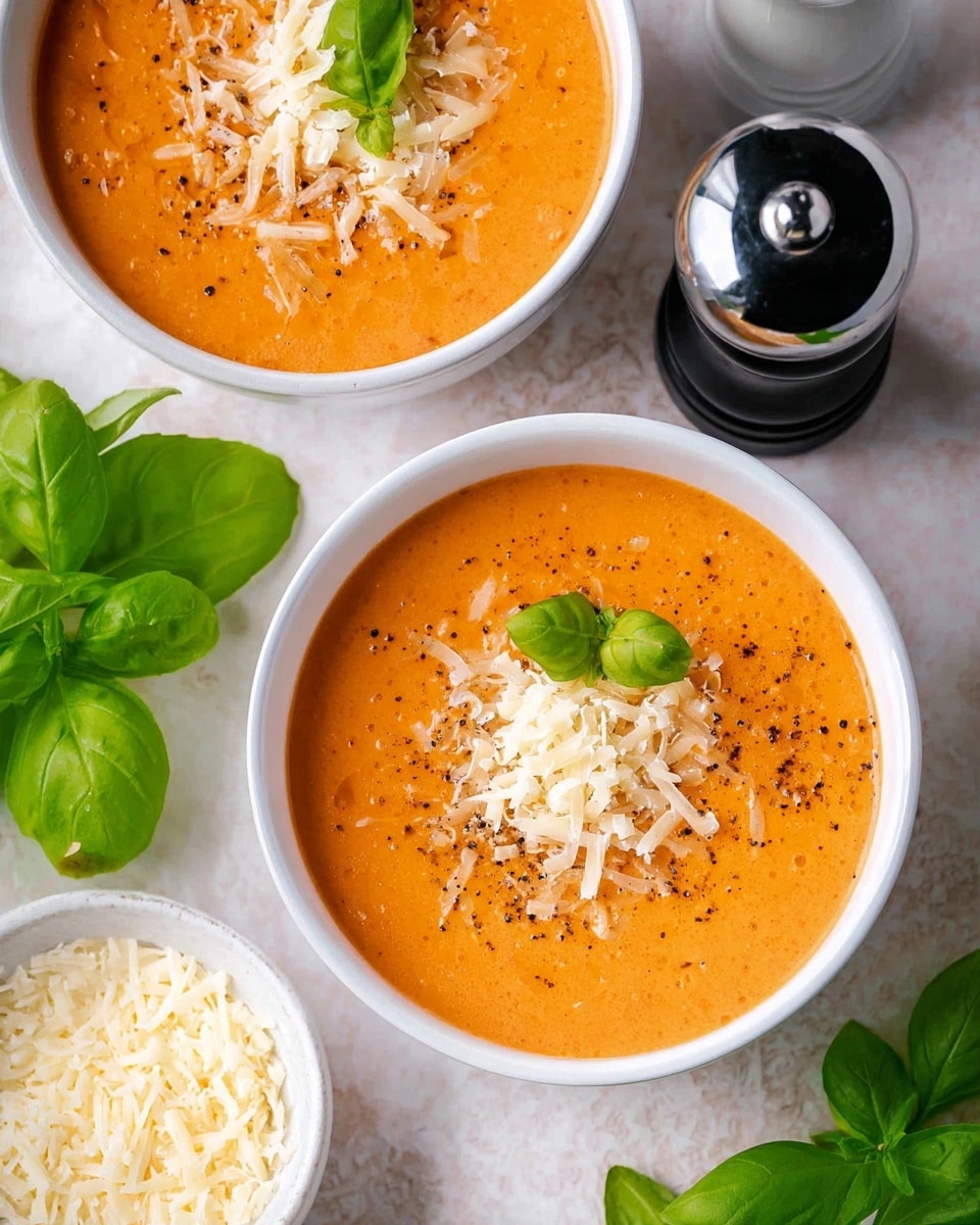 Two white bowls filled with smooth orange creamy soup, each topped with a generous amount of shredded white cheese scattered across the surface and a sprinkle of black pepper in the center. One bowl has two fresh green basil leaves placed on top. The bowls are set on a white marbled texture with a small white bowl of extra shredded cheese nearby, a pair of black and silver salt and pepper grinders to the side, and vibrant green basil leaves adding a fresh touch around the setup. Photo taken with an iphone --ar 4:5 --v 7