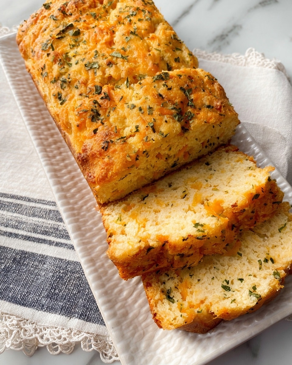 A loaf of cheesy bread is shown sliced on a long, white rectangular plate with a simple textured pattern. The bread has a golden crust with visible green herbs sprinkled on top, giving a slightly rough texture. The inside of the bread looks soft and moist, with a light yellow color mixed with spots of melted cheese throughout. Two slices are cut and laid in front of the unsliced part, revealing layers of cheese embedded within the fluffy bread. The plate rests on a white marbled surface, with a lace cloth and a striped cloth partially visible nearby. Photo taken with an iphone --ar 4:5 --v 7