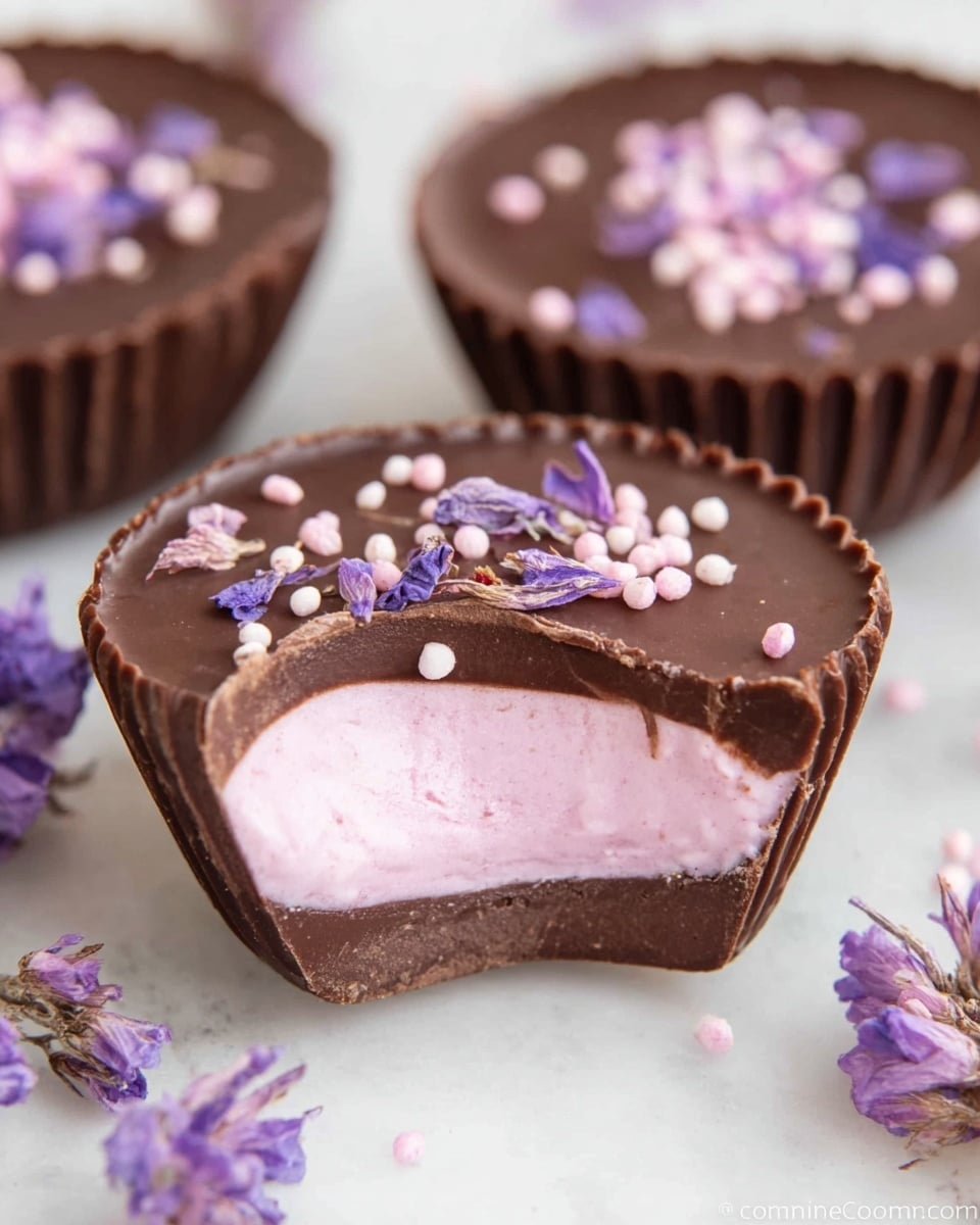 A close-up view of a small round chocolate cup with two thick layers of dark brown chocolate on the top and bottom, enclosing a smooth, light pink creamy filling in the center. The top layer is decorated with tiny light pink round sprinkles and a few purple flower petals scattered on it. The chocolate cup sits on a white marbled surface, surrounded by small purple flowers. In the background, two more whole chocolate cups are visible, slightly blurred. The photo taken with an iphone --ar 4:5 --v 7