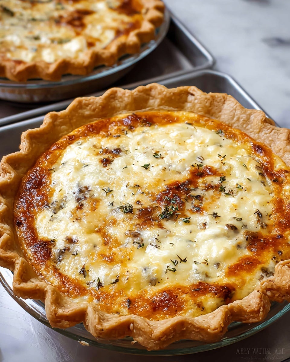 A close-up of a golden-brown pie with a thick, crimped crust surrounding a creamy filling that has melted cheese on top. The filling shows a mix of white and light golden patches with spots of darker brown where the cheese has browned slightly, and sprinkled herbs scattered across the surface. The pie is in a clear glass pie dish resting on a metal tray with another similar pie blurred in the background. The scene is set on a white marbled textured surface. photo taken with an iphone --ar 4:5 --v 7