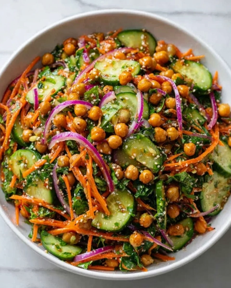 A white bowl filled with a colorful salad, showing multiple layers of fresh, thinly sliced cucumbers and julienned orange carrots, mixed evenly with bright green leafy herbs. Scattered throughout are golden brown roasted chickpeas adding a crunchy texture, and thin, purple-red onion slices providing a sharp contrast. The salad is lightly coated with a glossy dressing that makes the ingredients look fresh and vibrant. The bowl sits on a white marbled surface. Photo taken with an iphone --ar 4:5 --v 7