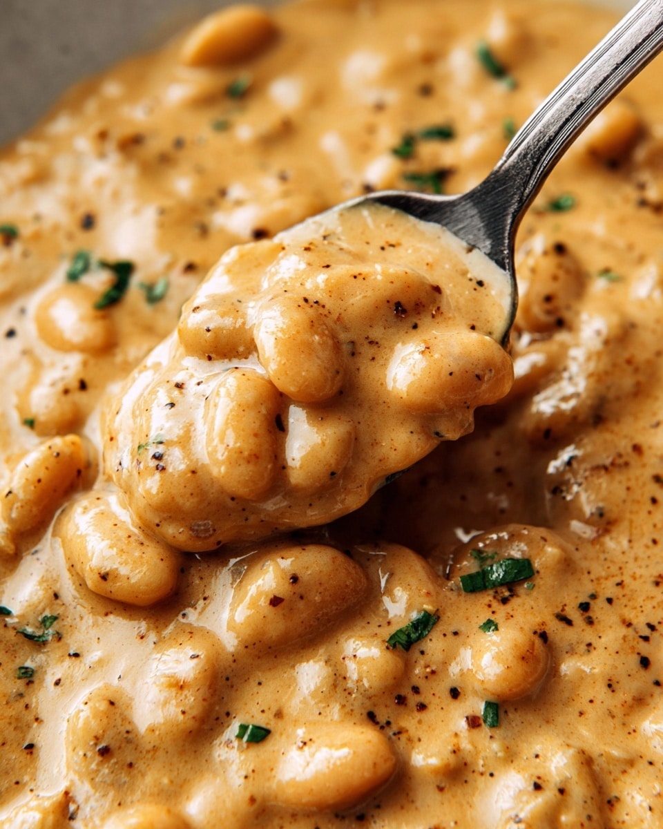 The image shows a close-up view of a creamy dish filled with small white beans, all coated in a thick, light brown sauce that looks smooth and rich. The sauce has a shiny texture and is speckled with black pepper and small green herb pieces scattered on top. A metal spoon is lifting a portion, showing the soft beans fully covered by the sauce, which has a slightly grainy texture from the spices. The dish appears warm and comforting, with the sauce clinging well to the beans. photo taken with an iphone --ar 4:5 --v 7