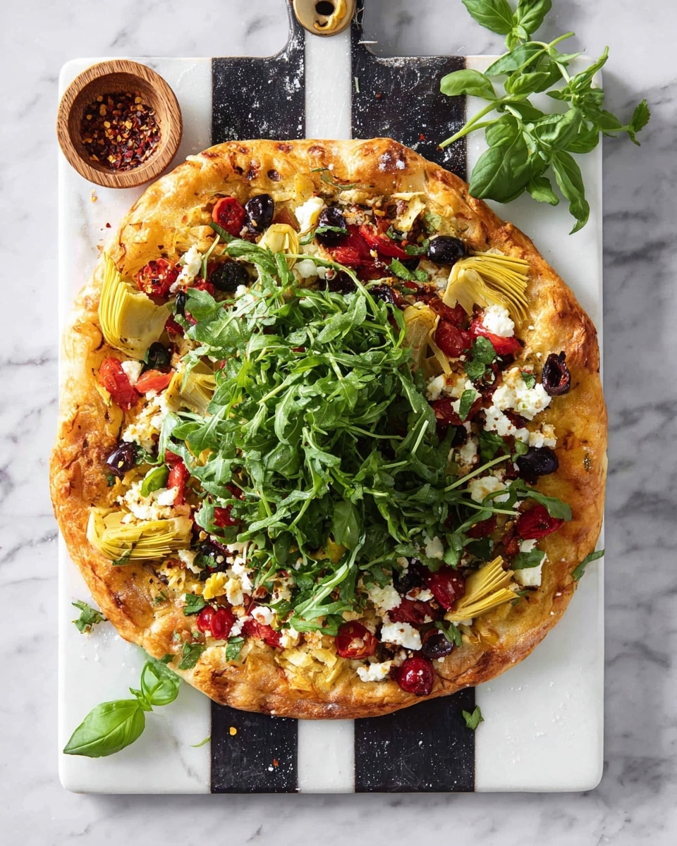 A round pizza with a golden-brown, puffy crust sits on a white cutting board with black stripes. The pizza is topped with a layer of cooked yellow artichoke hearts, red cherry tomatoes, green and black olives, and crumbled white cheese scattered across the middle. On top of that, there is a big pile of fresh bright green arugula leaves covering half of the pizza. A small wooden bowl holding red pepper flakes and a few green basil leaves rests near the center edge. The surface under the board is white marble with soft gray veins. photo taken with an iphone --ar 4:5 --v 7