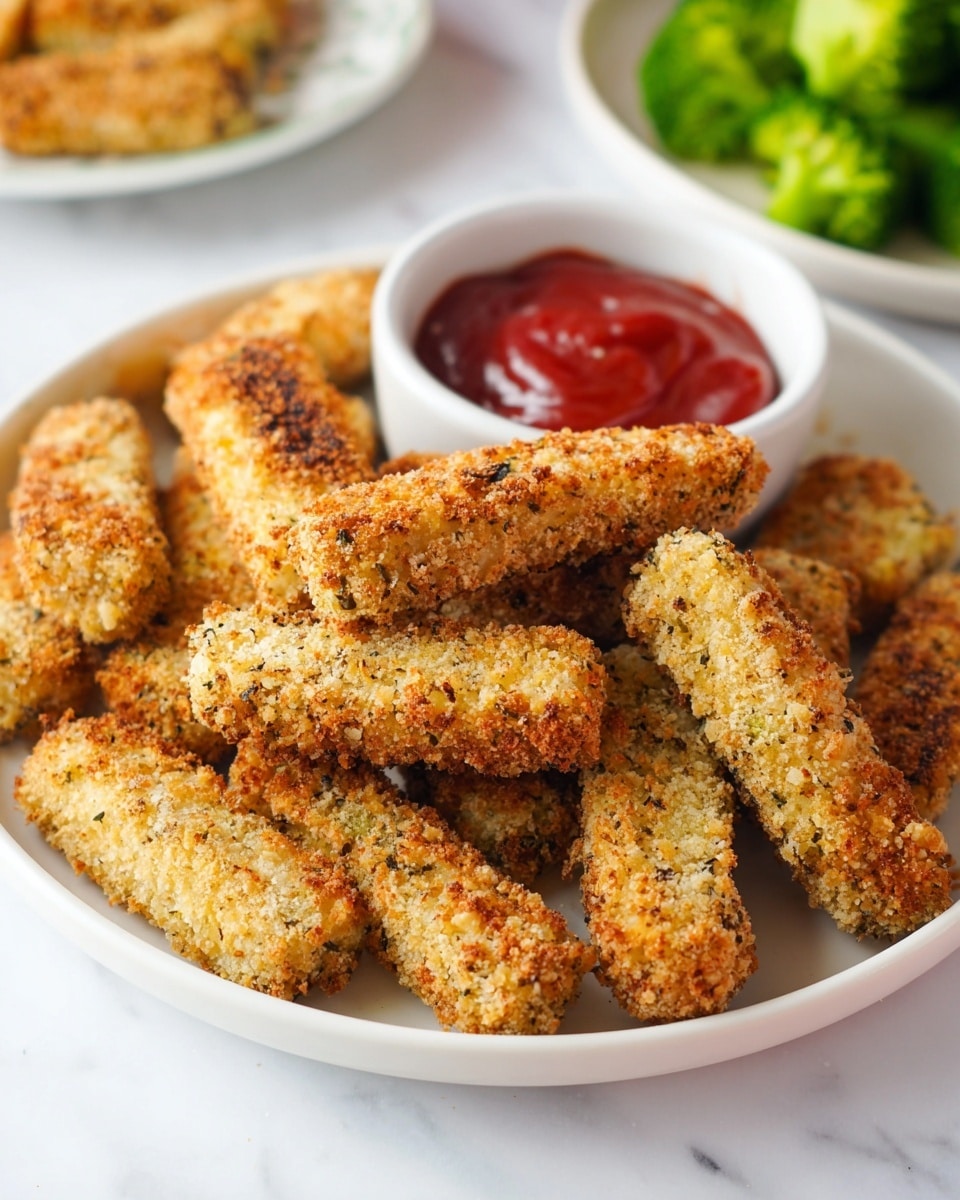 A white plate full of many golden brown, crispy breaded sticks, each stick showing a rough texture with small bits of seasoning and breadcrumb crumbs visible. Behind the plate, part of a white bowl with red ketchup is seen, and next to it, a white sectioned plate holds bright green broccoli and another breaded stick. The whole scene is set on a white marbled surface. photo taken with an iphone --ar 4:5 --v 7