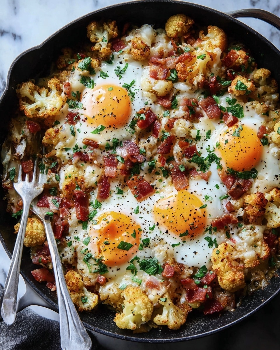 The image shows a black skillet filled with a cooked dish made of three sunny-side-up eggs placed evenly in the pan, surrounded by browned cauliflower pieces, melted cheese with white and light orange shades, small crispy bits of bacon, and chopped red and green herbs scattered on top. The eggs have shiny smooth white edges with bright yellow yolks in the center, lightly sprinkled with black pepper. The cauliflower is golden and tender, mixing with the soft, cheesy layers and crispy bacon, creating a colorful and textured look on a white marbled surface. A white spoon and fork rest inside the skillet on the left side. Photo taken with an iphone --ar 4:5 --v 7