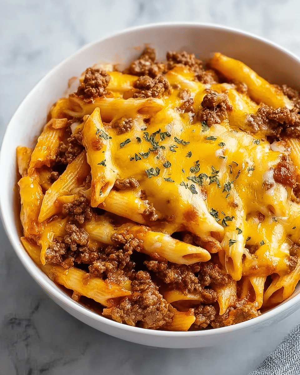 A white bowl filled with three layers of pasta: the bottom layer is chewy penne in a rich, red tomato sauce, the middle layer is browned ground beef mixed well with the pasta, and the top layer is melted, shiny cheddar cheese with small green herb sprinkles evenly spread over it. The bowl sits on a white marbled texture, and the dish looks warm and creamy, with the cheese melting in some parts over the pasta and beef. photo taken with an iphone --ar 4:5 --v 7