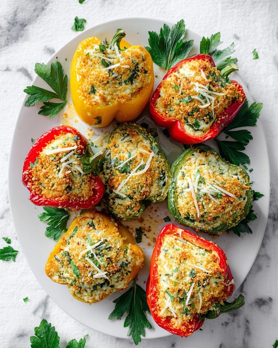 The image shows seven stuffed bell peppers on a white plate, placed on a white marbled surface. The peppers are cut in half and filled with a creamy mixture topped with a golden brown, crispy breadcrumb crust. The peppers come in three colors: red, yellow, and green, with some halves being longer and others shorter. The filling is pale yellow with green herbs mixed in, and there are shreds of white cheese sprinkled on top. Fresh green parsley leaves are placed around the peppers for garnish. Photo taken with an iphone --ar 4:5 --v 7