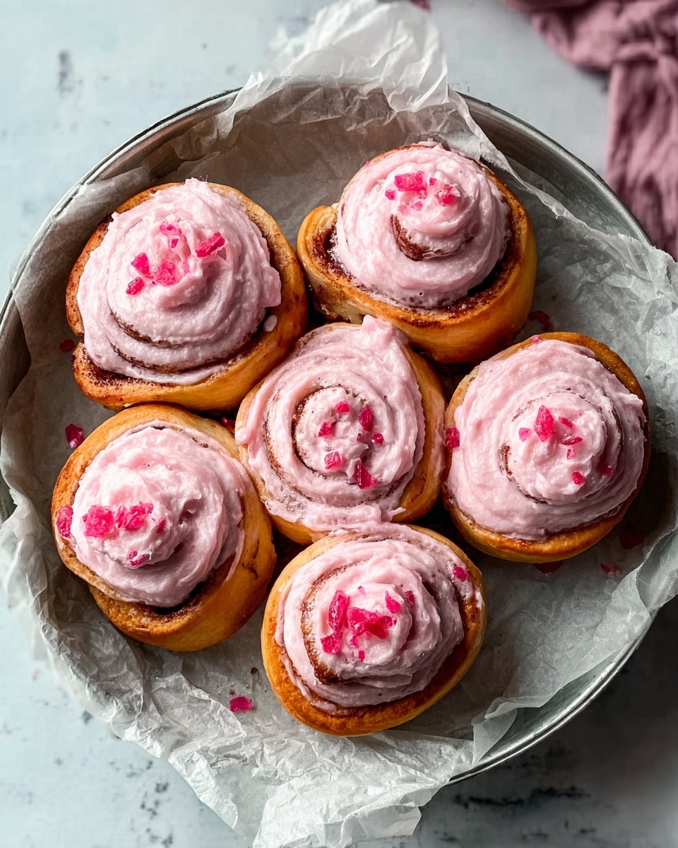 A round metal tray holds six cinnamon rolls arranged close together, each roll has two layers: the bottom layer is golden-brown soft dough swirled with a darker brown cinnamon filling, and the top layer is thick, pale pink frosting with a smooth, slightly swirled texture, sprinkled with small chunks of bright pink candy or sugar crystals. The tray is lined with crumpled parchment paper, and the background features a white marbled texture. Photo taken with an iphone --ar 4:5 --v 7