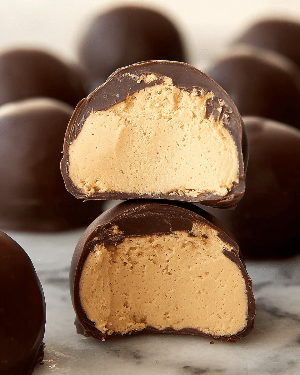 A close-up view of several rounded chocolate-covered peanut butter balls, with two of them cut in half and stacked on top of each other in the center, revealing three layers: a smooth, dark brown chocolate shell on the outside, a thick middle layer of light tan peanut butter filling with a creamy, slightly textured surface, and faint inner details showing its dense texture. The rest of the peanut butter balls are whole, blurred softly in the background on a white marbled surface. Photo taken with an iphone --ar 4:5 --v 7