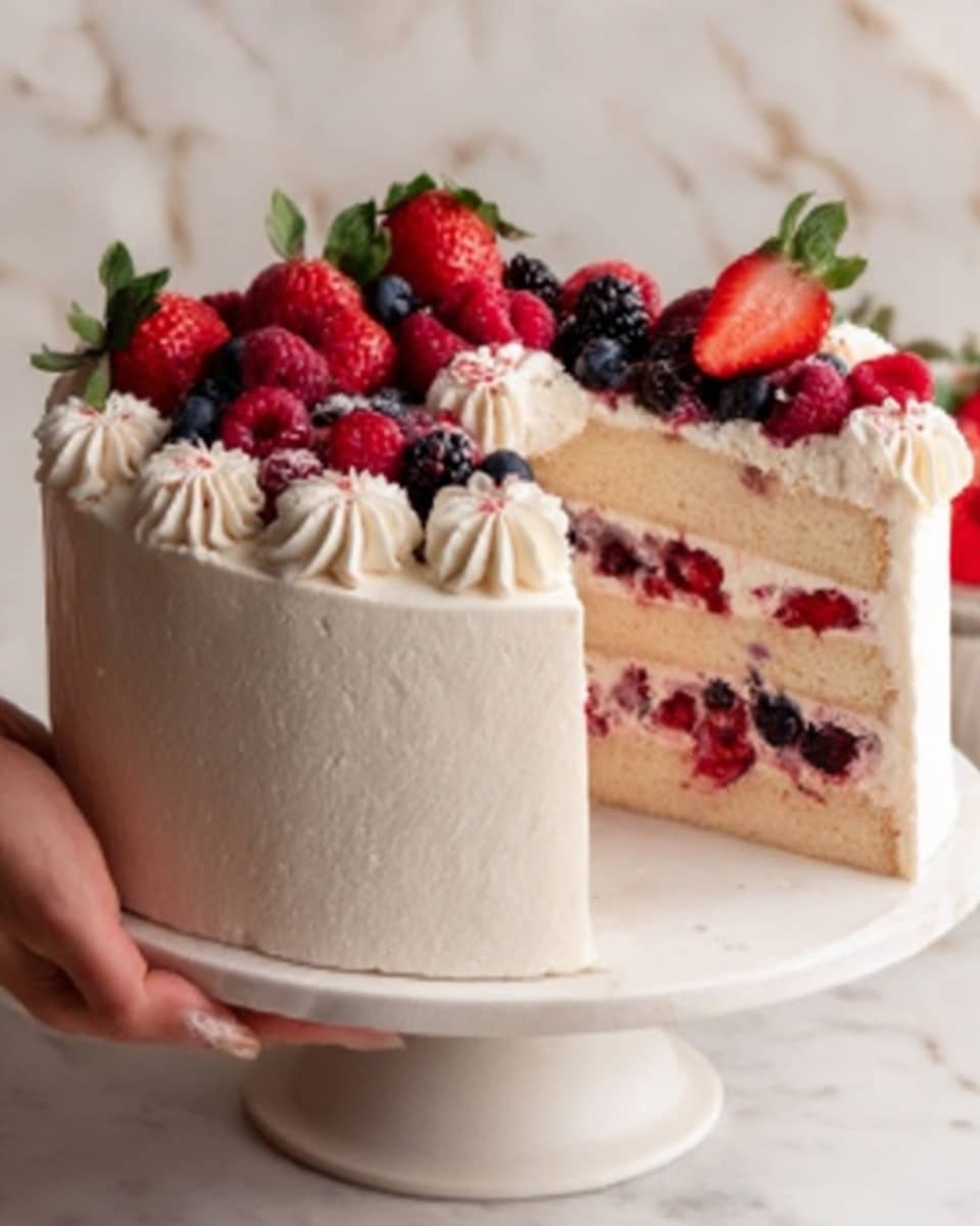 The image shows a tall round cake with smooth white frosting on the outside. The cake has three visible layers inside, each separated by white cream mixed with red and black berries. The top of the cake is covered with a mix of fresh strawberries, raspberries, blackberries, and blueberries, sitting on a thick layer of white cream. A slice is being lifted from the cake, revealing the colorful berry filling inside. The cake sits on a simple white plate, and the background is a white marbled texture. Photo taken with an iphone --ar 4:5 --v 7