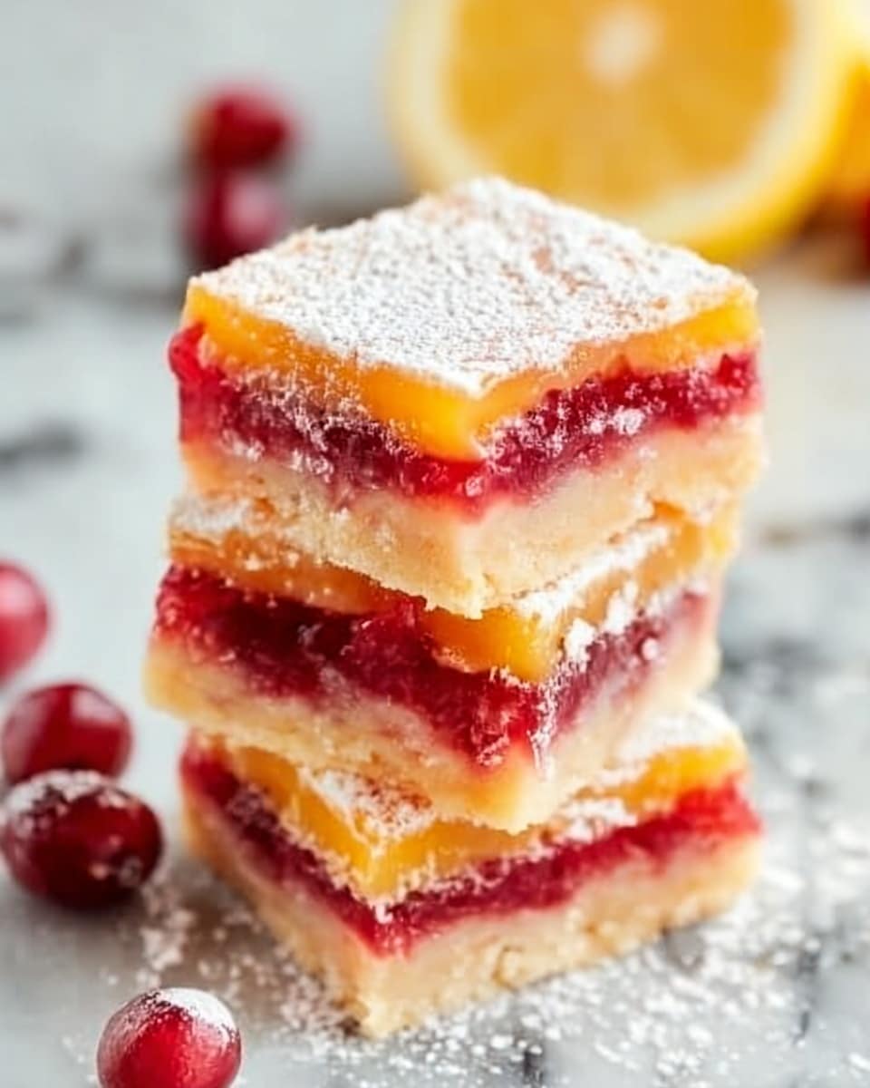 The image shows a stack of three square dessert bars with three clear layers. The bottom layer is light golden brown and looks like a soft crust. The middle layer is a thick bright red jelly-like filling with visible fruit pieces, likely cranberries. The top layer is an orange-yellow custard or lemon filling. The stacked bars are dusted with a light layer of white powdered sugar. In the background, there is a sliced lemon and a few whole cranberries on a white marbled surface. Photo taken with an iphone --ar 4:5 --v 7