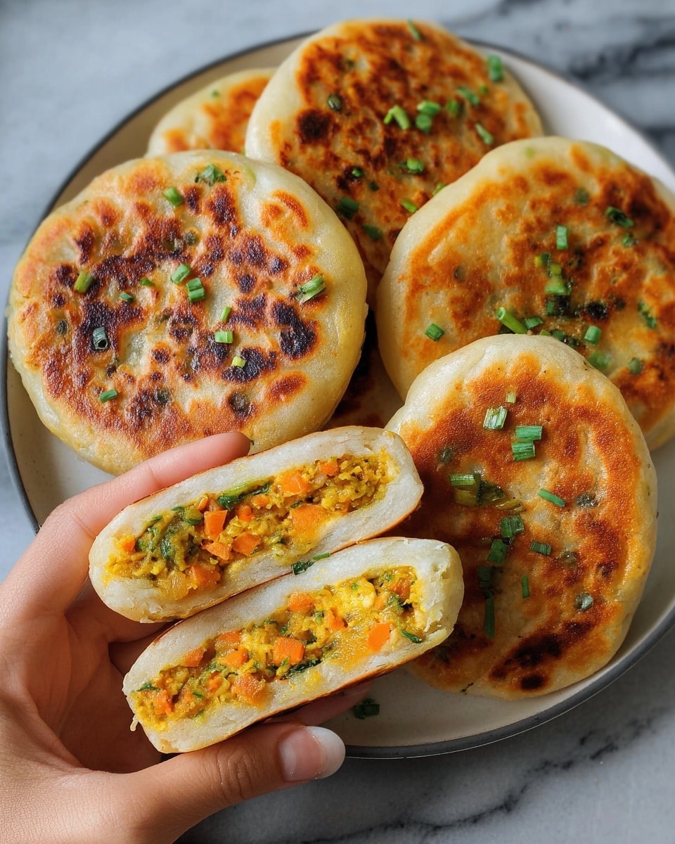 A white plate holds six round, golden-brown stuffed flatbreads with a slightly crispy, shiny surface, scattered with small green herb pieces on top. One flatbread is held by a woman's hand, cut in half to show two inside layers: a soft white dough outer layer and a bright orange-yellow filling mixed with finely chopped green herbs and small bits of carrots, creating a textured, colorful center. The plate sits on a white marbled surface. photo taken with an iphone --ar 4:5 --v 7