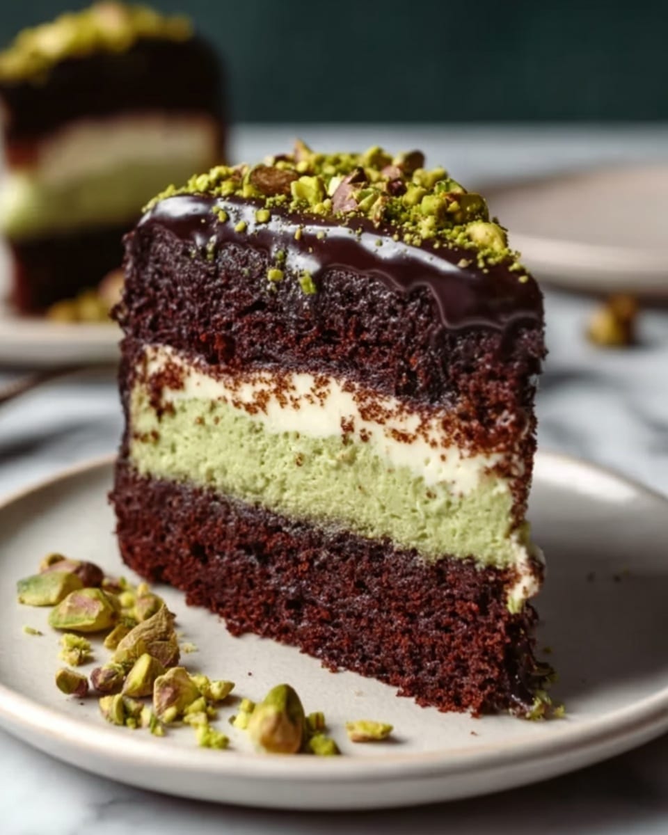 The image shows a slice of three-layer cake on a white plate with a white marbled background. The bottom and top layers are dark brown, moist chocolate cake with a slightly crumbly texture. The middle layer is a thick, creamy pistachio filling, pale green with visible small pieces of pistachio nuts mixed in. The top of the cake is covered with a smooth, glossy dark chocolate ganache, sprinkled generously with whole and chopped pistachio nuts. Photo taken with an iphone --ar 4:5 --v 7