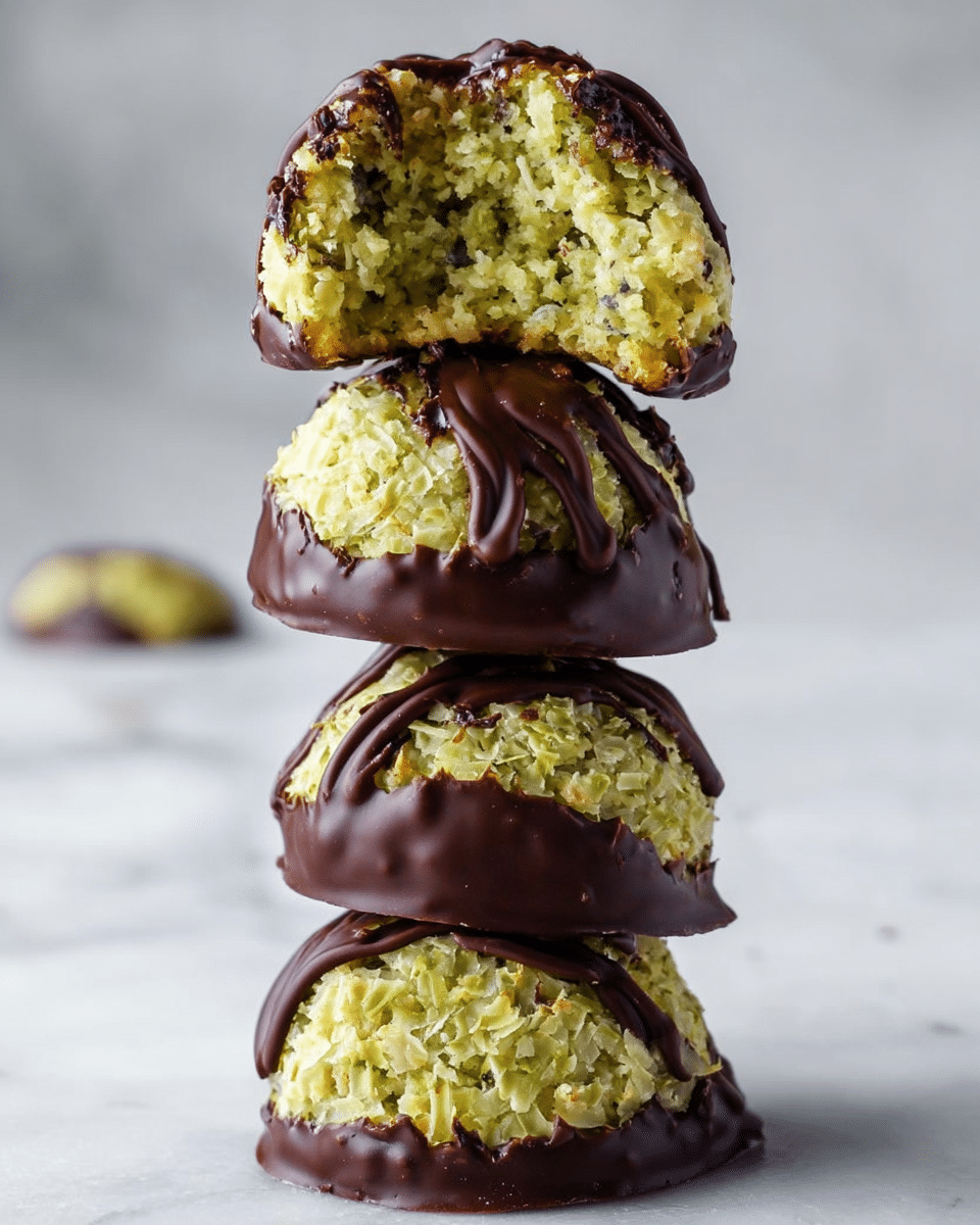 A stack of four dome-shaped treats is shown on a white marbled surface, each with a base dipped in dark chocolate and drizzled with more chocolate on top. The treats have a rough, textured outer layer of shredded coconut or nuts that look light greenish-yellow. The top treat is cut in half, revealing a dense interior of the same greenish-yellow shredded texture with small bits visible inside. The chocolate at the base is glossy and smooth, contrasting with the rough and fibrous upper layers. The stack is tall, with the pieces neatly balanced on each other. Photo taken with an iphone --ar 4:5 --v 7