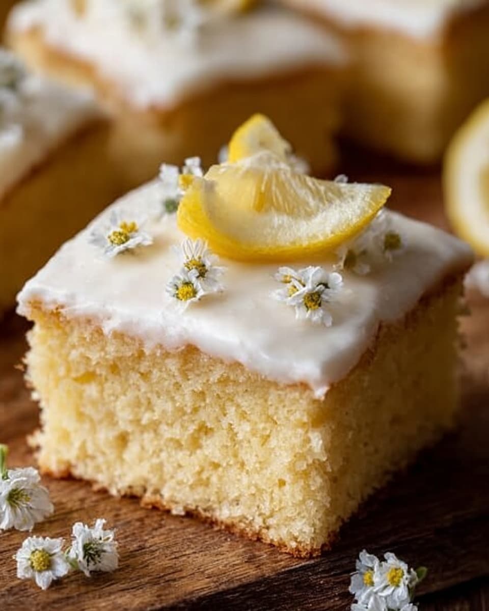 The image shows a close-up of a square piece of soft yellow cake with a fluffy texture. The cake has one thick layer topped with a smooth white frosting. On the frosting, there is a small slice of lemon placed near one corner, surrounded by small white edible flowers scattered delicately on top. The cake piece is resting on a wooden surface with other similar pieces blurred in the background. photo taken with an iphone --ar 4:5 --v 7