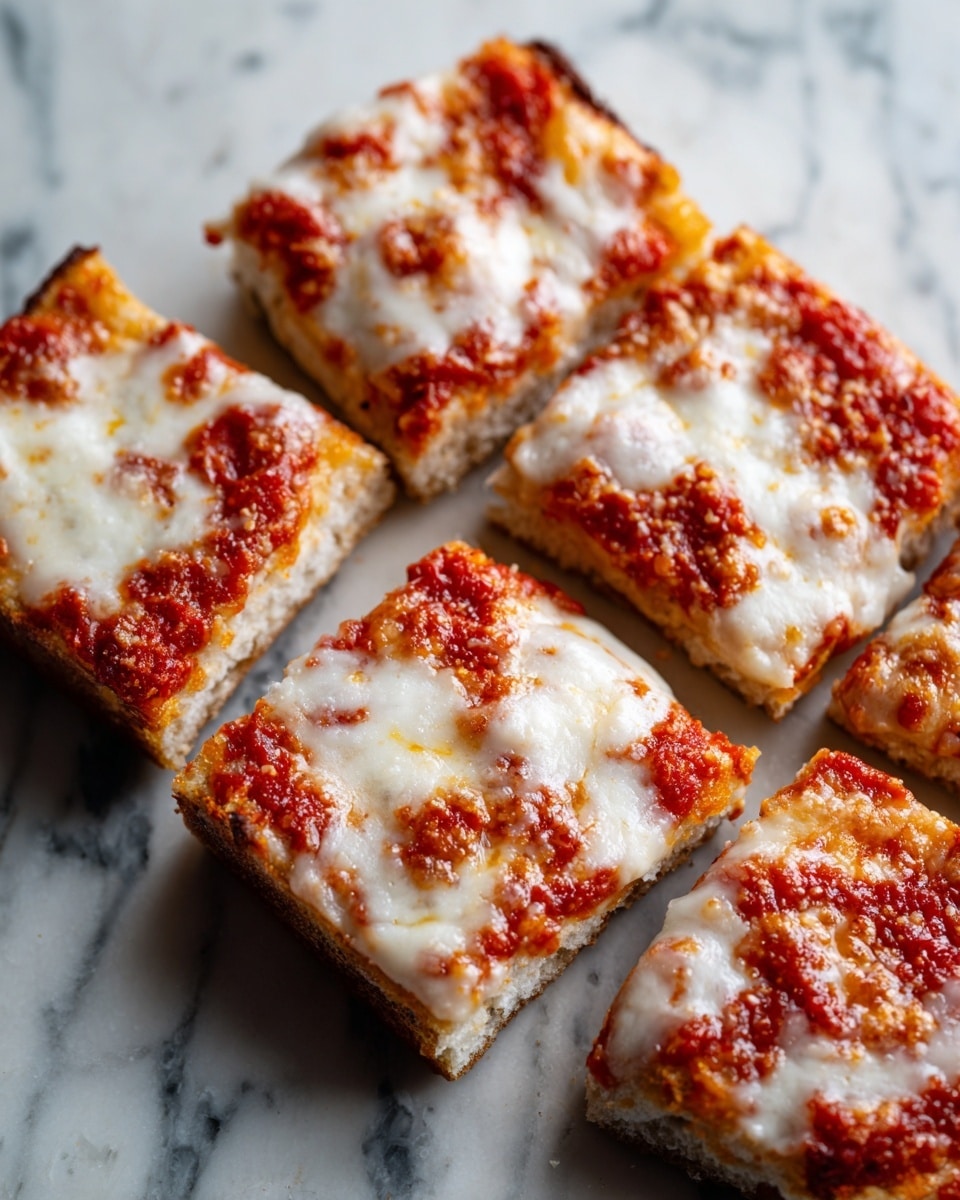 The image shows six square pieces of pizza with a thin, slightly crispy brown crust at the bottom layer. On top of the crust is a bright red tomato sauce layer that looks chunky and unevenly spread. The top layer is a melted white cheese that stretches lightly over the tomato sauce, giving a shiny and creamy texture. The pizza pieces are arranged closely together on a flat surface. The surface under the pizza has a white marbled texture. photo taken with an iphone --ar 4:5 --v 7