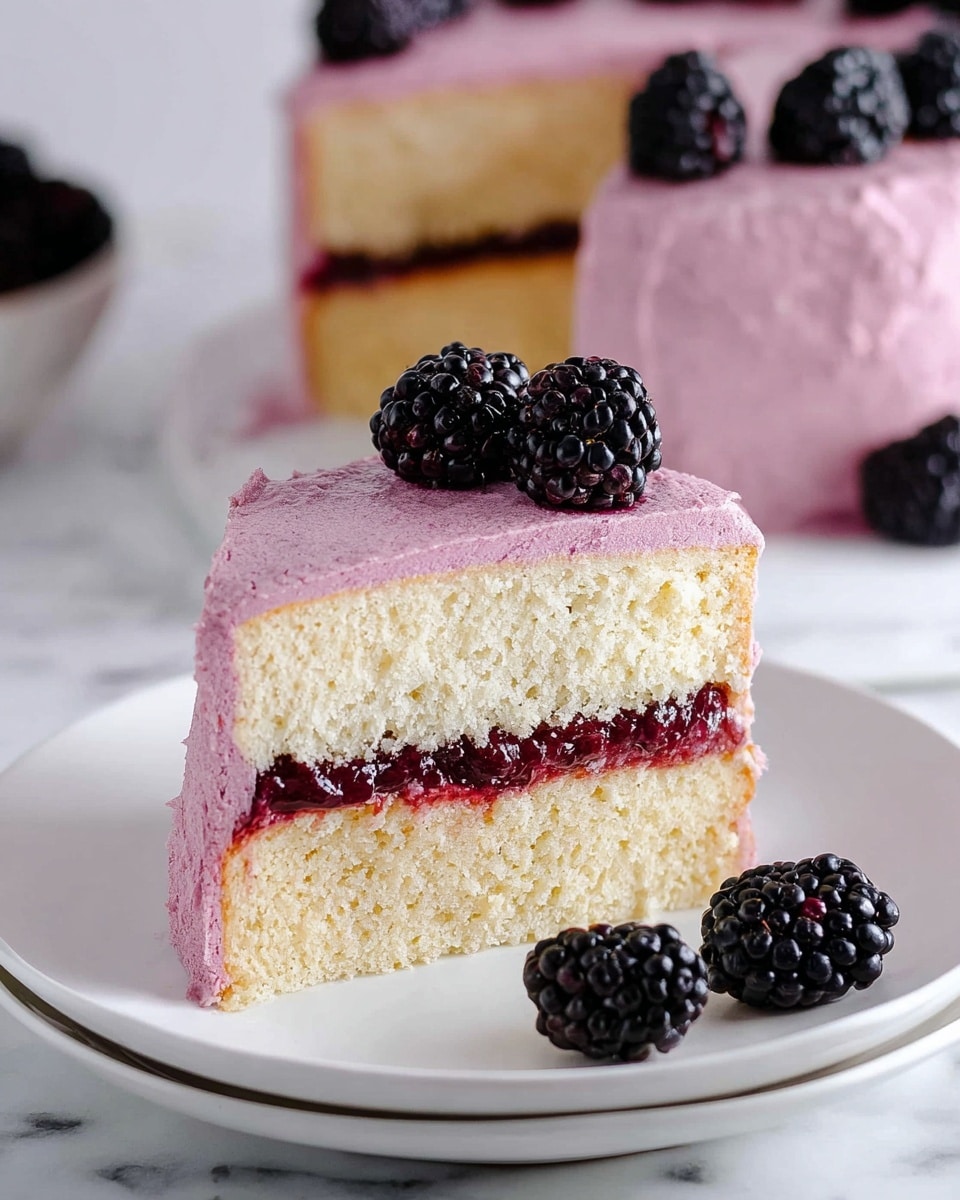 A slice of two-layer white cake sits on a white plate with a white marbled texture background. The bottom and top cake layers are light and fluffy with a soft texture. Between the layers is a thick dark red berry jam filling. The whole slice is covered with a smooth purple berry frosting on top and sides. Three fresh blackberries are placed on the frosting on top, and a few blackberries rest on the plate around the cake slice. The full cake, also frosted with the same purple berry frosting, is slightly visible in the background. photo taken with an iphone --ar 4:5 --v 7