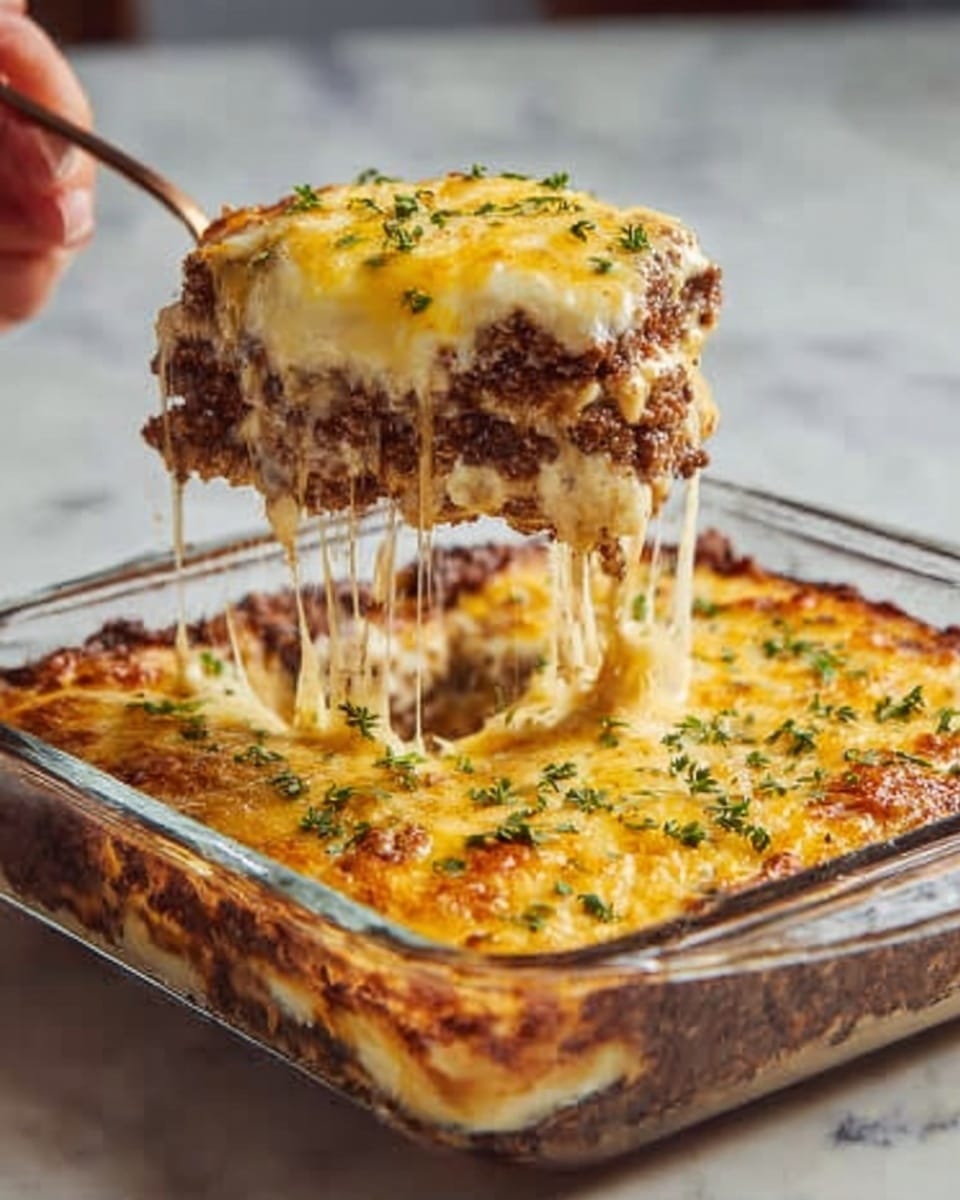 The image shows a close-up of a rectangular glass dish filled with a cheesy baked casserole. The bottom layer is brown cooked ground meat, topped with a thick white creamy sauce. Over this is a rich layer of melted cheese, golden yellow with some brown spots, stretching as a fork lifts a piece. Small green herb pieces are sprinkled on top, adding a fresh touch. The dish is set on a dark wooden surface with a white marbled texture in the background. Photo taken with an iphone --ar 4:5 --v 7