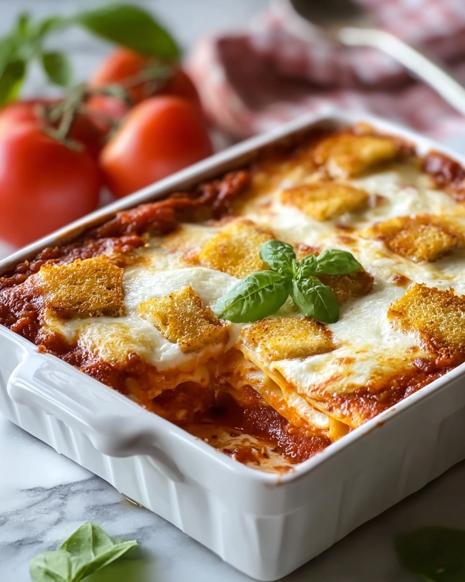 A white ceramic baking dish holds a baked lasagna with a golden-brown, bubbly top layer of melted cheese that is slightly browned and textured with small crisped edges. Underneath the cheese layer, there are visible folded layers of pasta, creating a puffy, uneven surface with a rich orange-red tomato sauce peeking through around the edges. A fresh green basil leaf rests in the center on top as a garnish. The dish sits on a white marbled surface, with red tomatoes and green basil blurred in the background, adding a fresh, rustic feel. Photo taken with an iphone --ar 4:5 --v 7