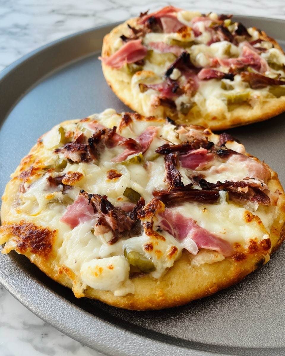 Two small round pizzas sit on a dark gray pizza pan over a white marbled surface. Each pizza has a golden-brown crust with a soft and puffy edge. The base layer is creamy white melted cheese spread evenly across the pizza. On top, there are scattered pieces of pink ham, small white onion chunks, green pickle slices, and bits of dark brown crispy meat. The toppings are unevenly spread, giving a rustic look with some browned and slightly charred spots on the cheese and meat. The overall look is warm, cheesy, and savory. Photo taken with an iphone --ar 4:5 --v 7