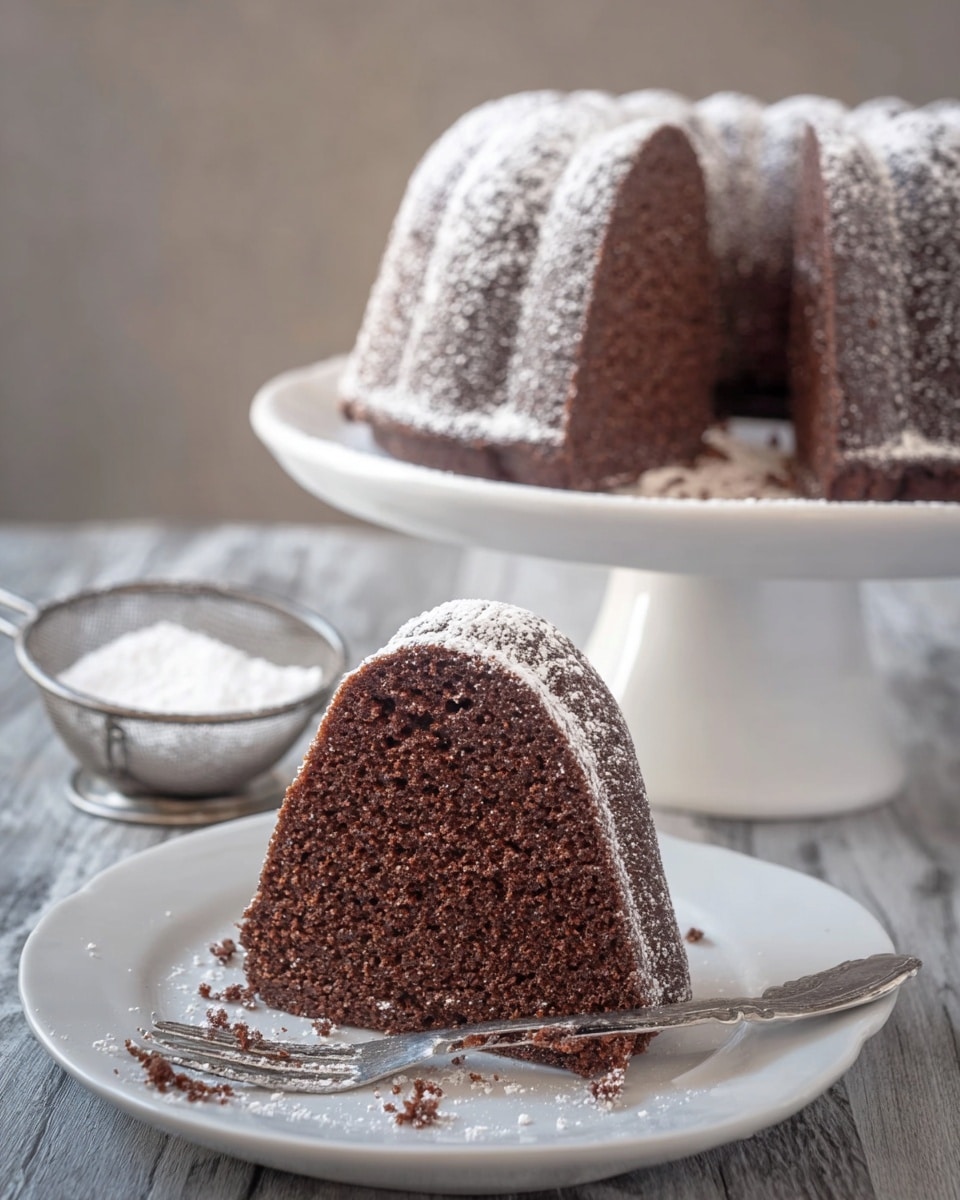 A slice of chocolate bundt cake with a rich brown color and soft texture stands on a white round plate, dusted lightly with white powdered sugar. The slice reveals the cake's inner crumb, which is dense yet moist. Behind it, the remaining cake sits on a white pedestal cake stand, also dusted with powdered sugar, showing the same dark brown shade and smooth curved layers of the bundt shape. A small silver fork lies next to the slice, and a metal sieve with powdered sugar rests nearby on a white marbled surface. photo taken with an iphone --ar 4:5 --v 7