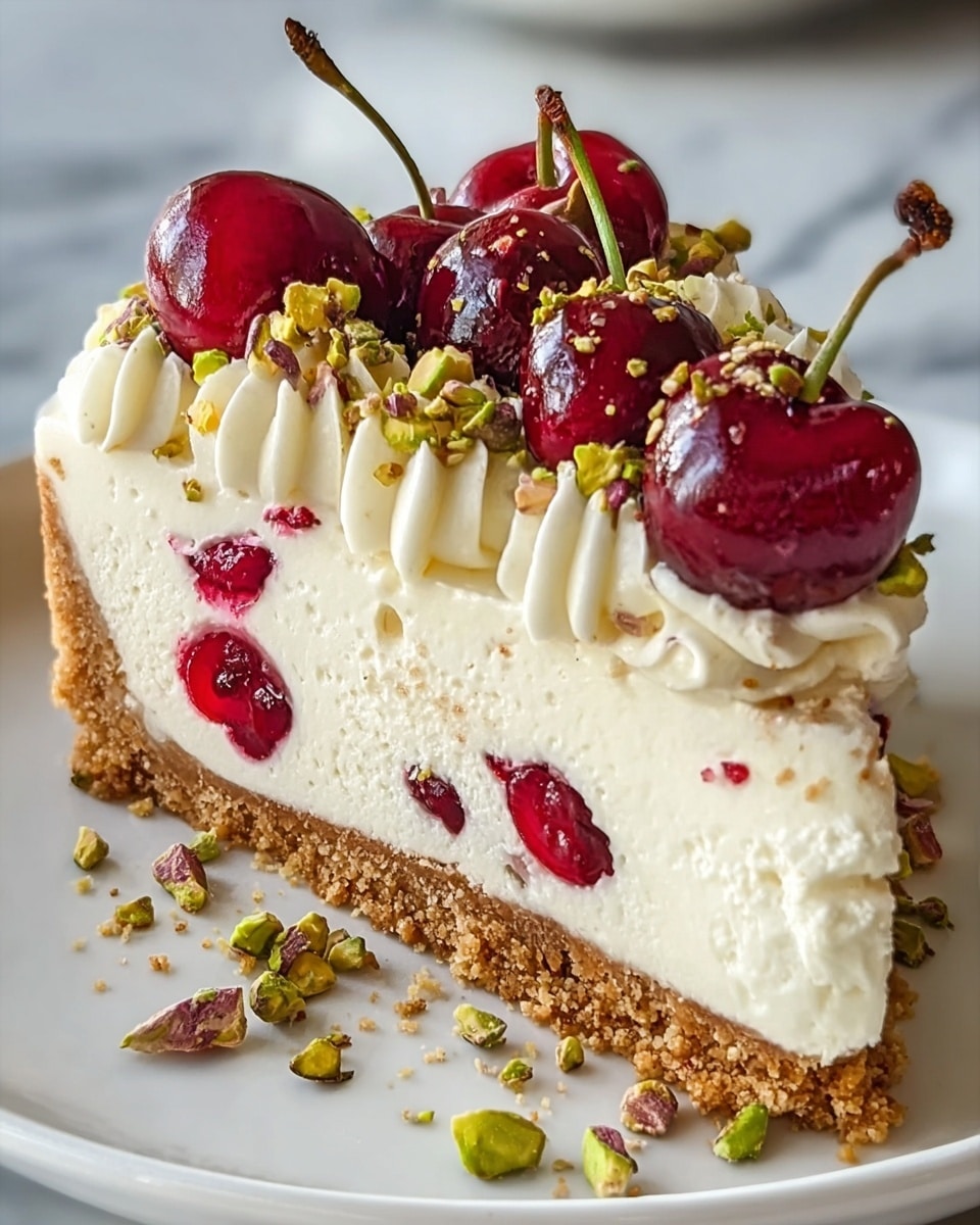 A slice of creamy cheesecake sits on a white plate with a crumbly brown crust at the bottom layer. The middle layer is thick, white, and smooth with red cherry pieces mixed inside. The top layer is decorated with whole shiny red cherries, green pistachio pieces, dollops of white whipped cream, and some brown crumb bits sprinkled on top and around the edge. The background is a white marbled surface. Photo taken with an iphone --ar 4:5 --v 7