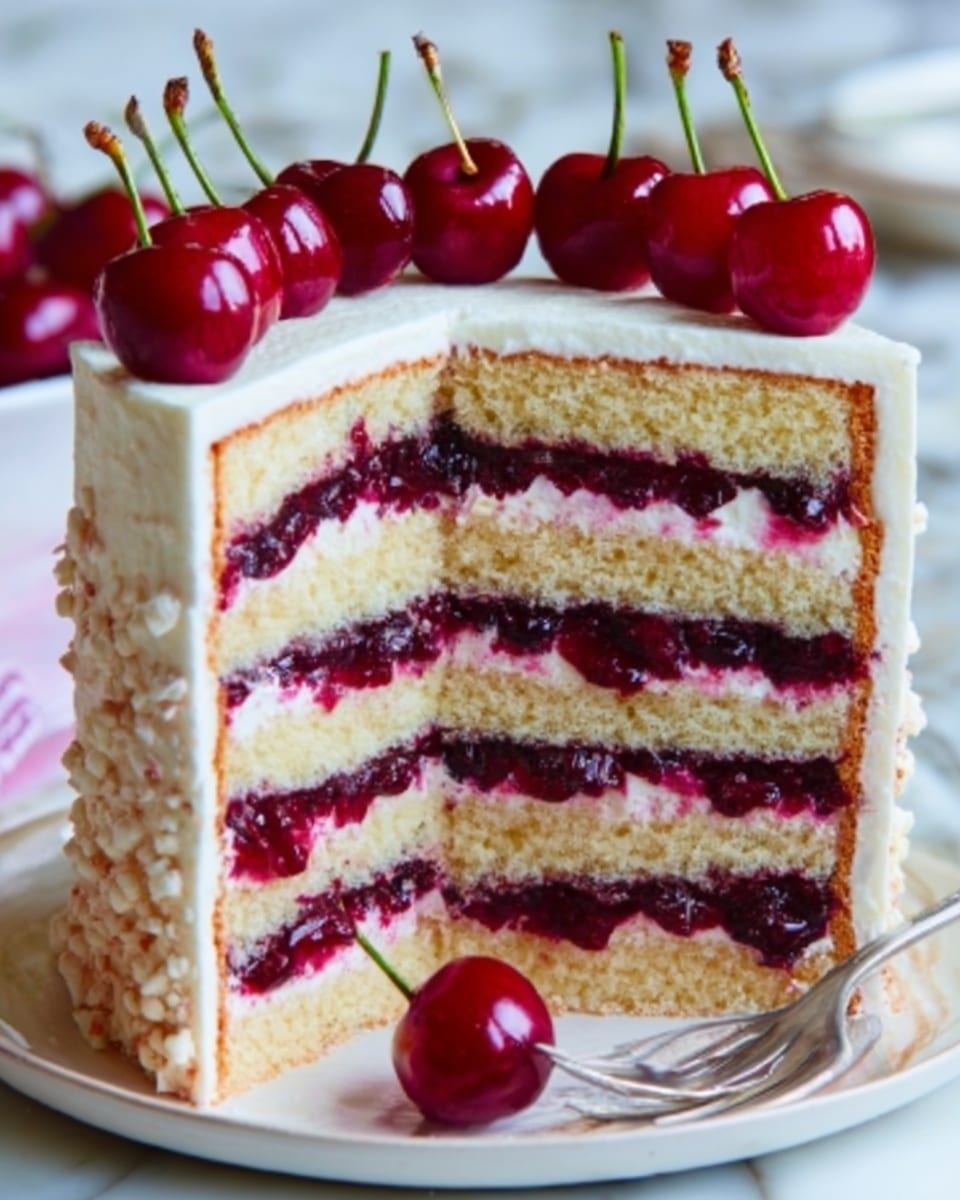 The image shows a three-layer cake with light yellow sponge layers. Between each sponge layer, there is a thick black cherry filling that is dark red and textured, mixed with white creamy frosting. The outside of the cake is covered smoothly with white frosting, and the top is decorated with several bright red cherries with green stems. A slice is cut out, showing the inside layers clearly. The cake is placed on a white plate on a white marbled surface, and a woman’s hand is holding the plate. photo taken with an iphone --ar 4:5 --v 7