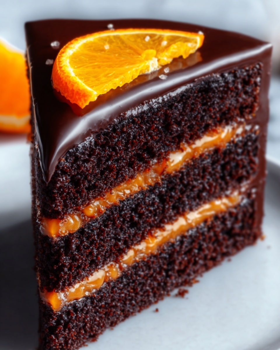 A close-up of a three-layer chocolate cake slice on a white plate, each layer thick and dark brown with a soft, moist texture. Between the layers is a smooth, bright orange filling that looks creamy and slightly glossy, contrasting well with the dark cake. The top is covered with a shiny dark chocolate glaze that drips slightly down the sides. A thin slice of orange peel is placed on the top edge of the cake, adding a fresh, bright orange color. The background is a white marbled texture. Photo taken with an iphone --ar 4:5 --v 7