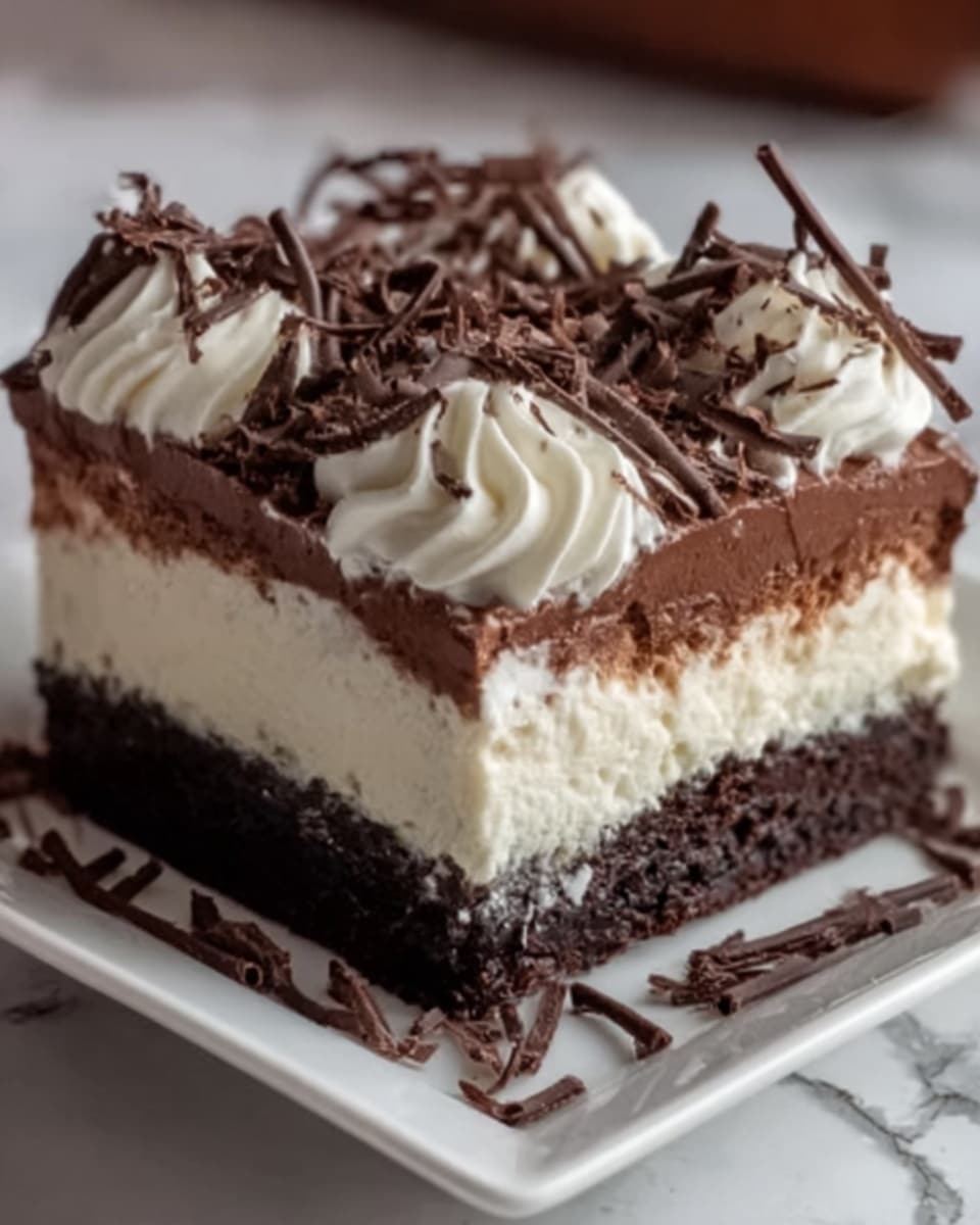 The image shows a square piece of layered chocolate dessert on a white square plate, placed on a white marbled surface. The bottom layer is a thick, dark brown chocolate cake with a rough texture. Above that is a creamy white layer, smooth and thick, followed by a thinner glossy dark chocolate layer. On top, there are swirls of white cream with chocolate shavings scattered over them, adding texture and contrast. Extra chocolate shavings are also around the base of the dessert on the plate. The dessert looks rich and smooth with clear layer separation. Photo taken with an iphone --ar 4:5 --v 7