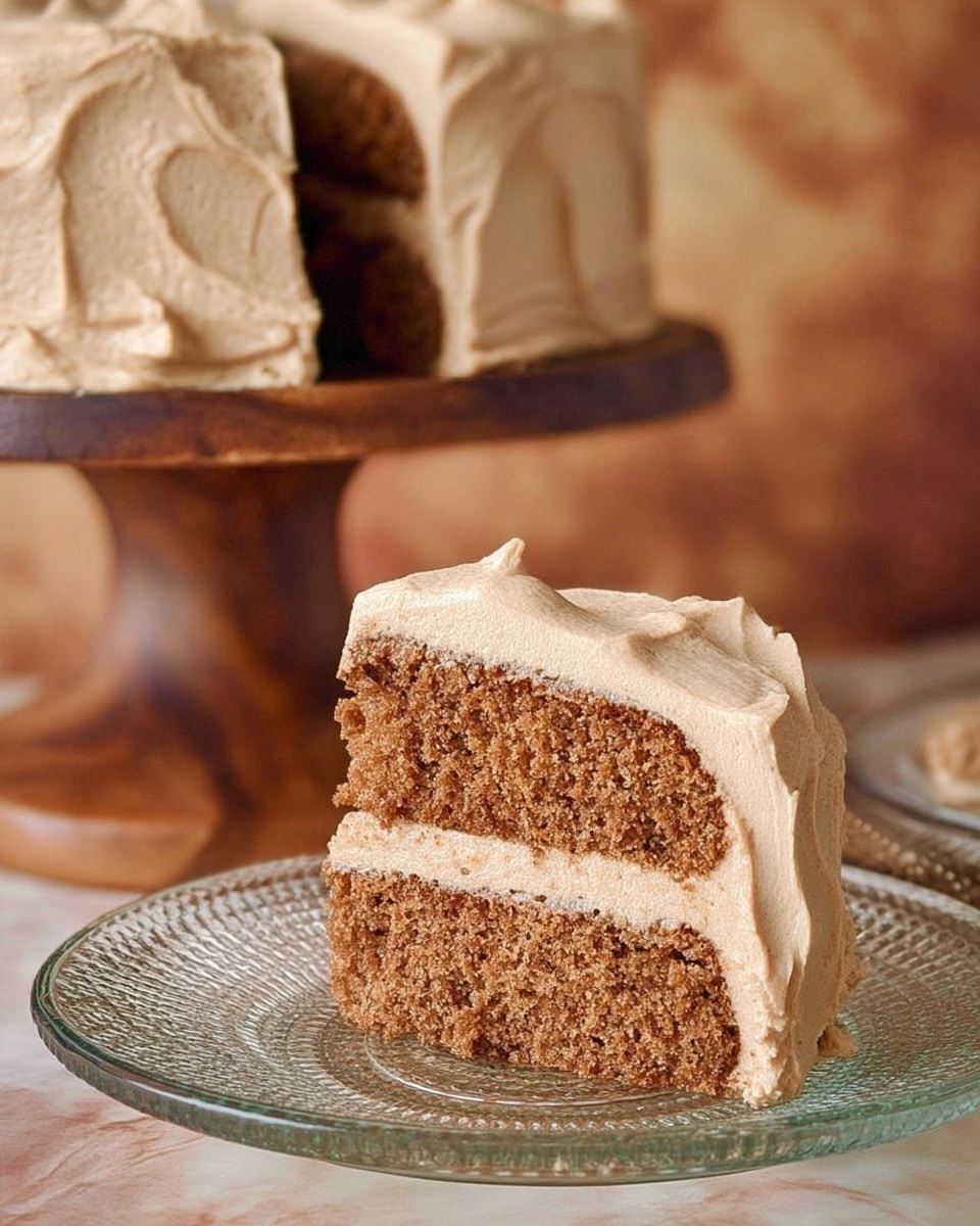 A two-layer chocolate cake slice with light brown frosting between the layers and covering the outside, placed on a clear textured glass plate with a wooden utensil beside it. The cake is moist with a crumbly texture, and the frosting is smooth and creamy. In the background, the full frosted cake sits on a dark wooden cake stand, with another slice covered in light brown frosting partially visible. The whole scene is set on a white marbled surface. Photo taken with an iphone --ar 4:5 --v 7
