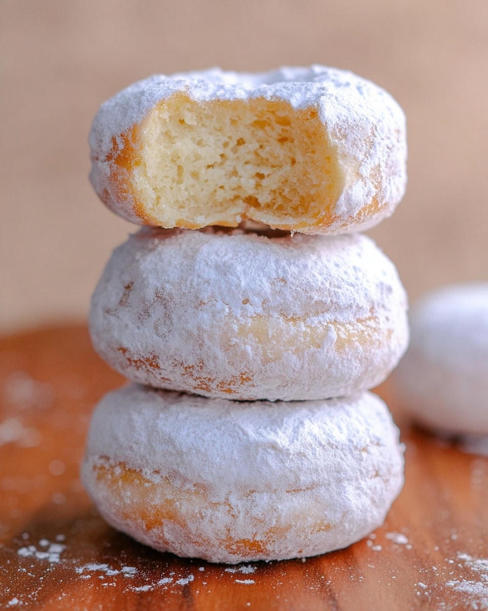 The image shows a stack of three white powdered donuts placed one on top of the other on a wooden surface, with the top donut having a bite taken out of it, revealing a soft, light yellow inside with a fluffy texture. The powdered sugar coating is thick and uneven, covering the entire surface of each donut. The background features blurred shapes with a white marbled texture underneath the stack. Photo taken with an iphone --ar 4:5 --v 7