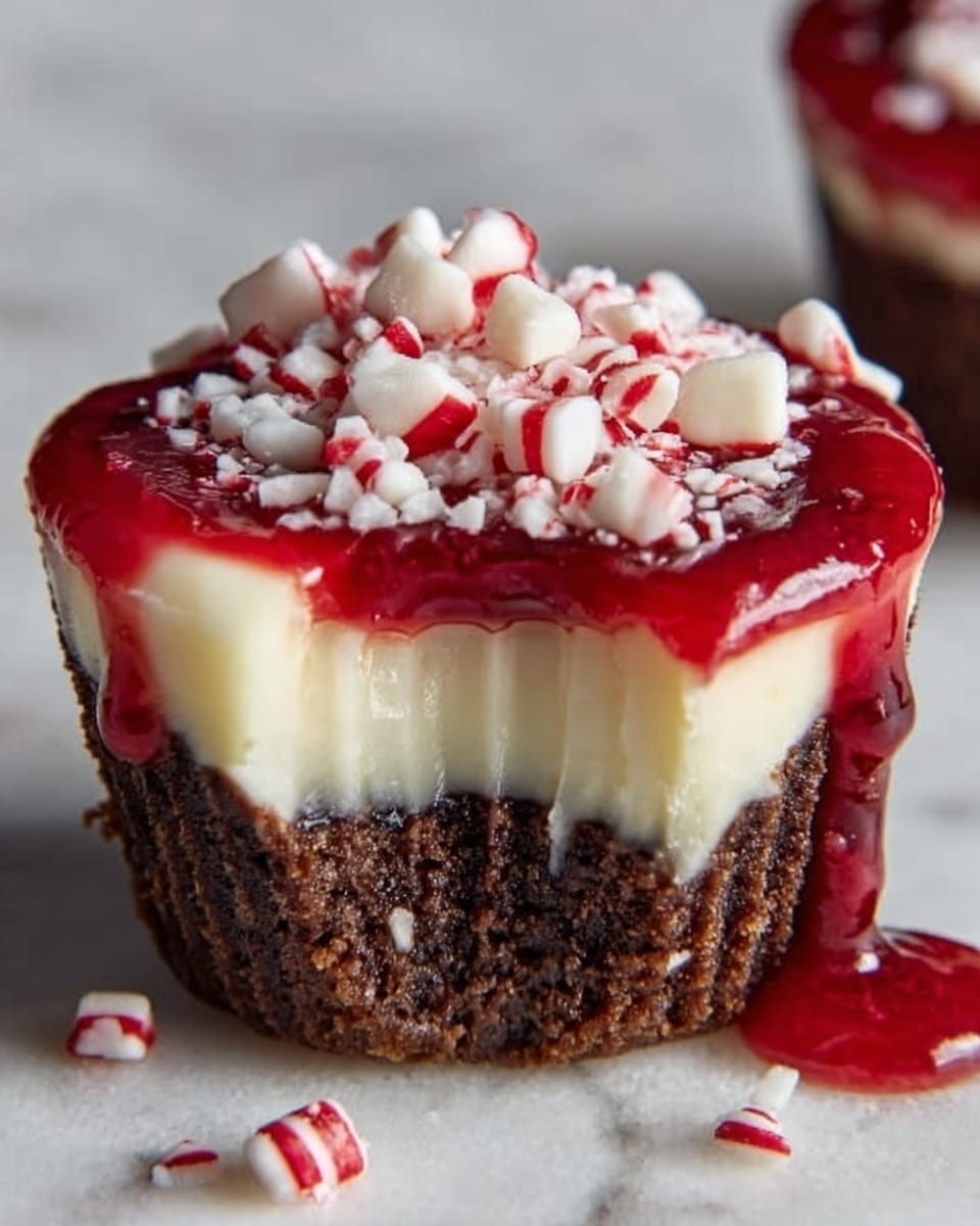 A small dessert cup with a dark brown crumb crust filled with creamy white cheesecake. On top, there is a thick red raspberry sauce dripping down the side, and crushed white and red peppermint candy pieces are sprinkled over the sauce. A woman’s hand is holding the dessert on a white marbled surface with a pine cone and green leaves in the blurred background. Photo taken with an iphone --ar 4:5 --v 7