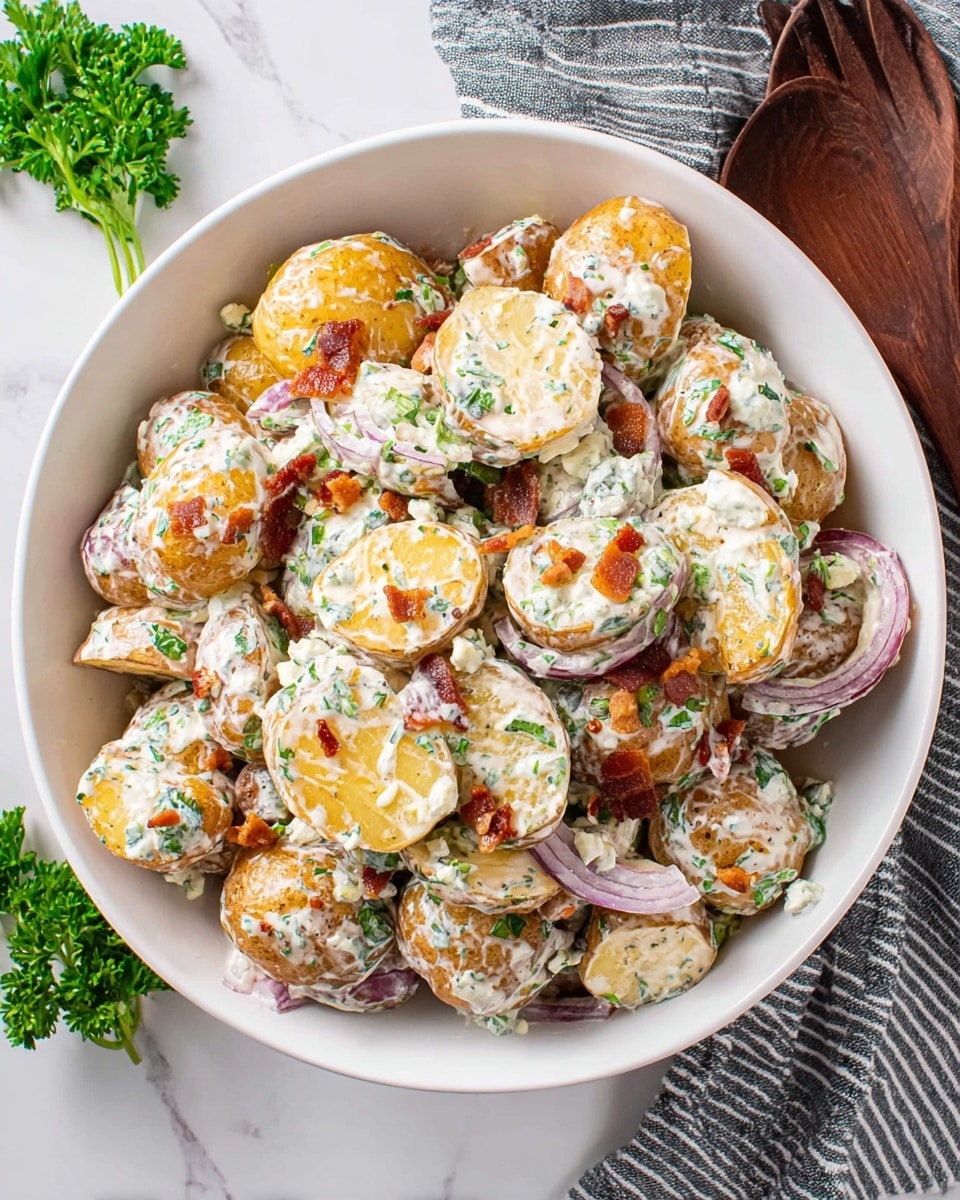 A white bowl filled with a creamy potato salad made of small round yellow potatoes cut in half covered in a white creamy sauce with green herbs, mixed with thin slices of purple onion and small pieces of crispy bacon, topped with crumbly white cheese and scattered chopped green onions, sitting on a white marbled surface with a bunch of fresh green herbs and wooden spoons nearby, a grey and white striped cloth slightly visible on the right side photo taken with an iphone --ar 4:5 --v 7