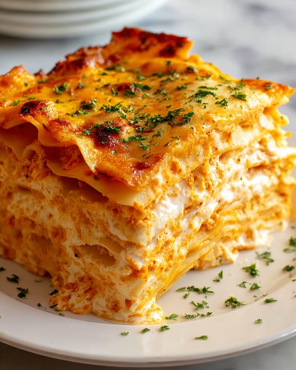 A close-up of a four-layer lasagna piece stacked on a white plate with a thin brown rim, each layer showing bright golden-yellow pasta sheets alternated with thick creamy white cheese filling. The top layer is golden and slightly crispy with melted cheese browned at the edges, sprinkled with small bits of green herbs. The creamy cheese filling is slightly soft and oozing between the pasta layers, giving a rich texture to the dish. Small green herbs are scattered on the plate around the lasagna. The scene is set on a white marbled surface photo taken with an iphone --ar 4:5 --v 7