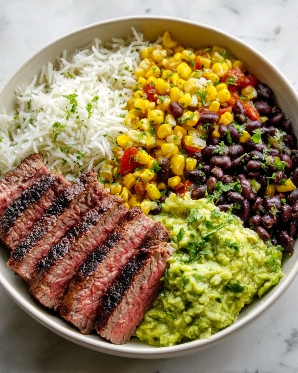 A white bowl contains a neatly arranged layered dish starting with a base of fluffy white rice, topped with grilled corn kernels that are slightly charred and golden yellow. Next to the corn are roasted black beans with a shiny, dark surface. There is tender, medium-rare steak sliced into thin pieces with a pink center and browned edges. A fresh yellow corn salsa with small bits of green herbs sits beside the steak. The white bowl is on a white marbled surface, and the photo taken with an iphone --ar 4:5 --v 7