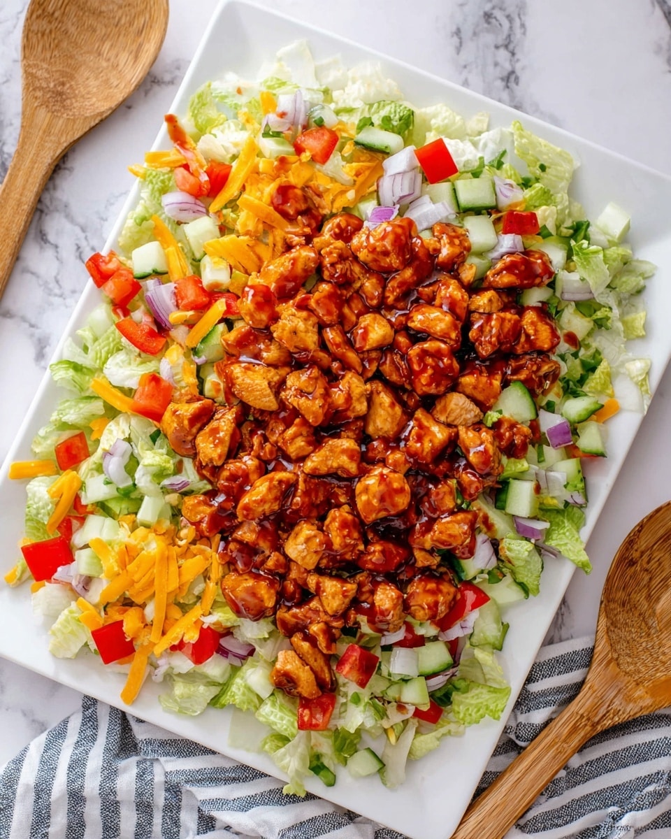 A white square plate on a white marbled texture holds a colorful layered salad. The bottom layer is light green chopped lettuce spread evenly across the plate. On top of the lettuce is a mix of diced red bell peppers, cucumbers, shredded yellow cheese, and small bits of purple onion scattered all over. The top layer consists of many small pieces of sauced cooked chicken that are orange-brown in color, placed mostly in the center and towards the right side. Next to the plate on the left side are two wooden spoons and a grey and white striped cloth. The scene is brightly lit, showing fresh textures and vibrant colors. photo taken with an iphone --ar 4:5 --v 7