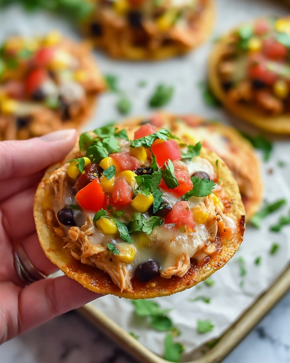 A close-up of a small round tostada held by a woman's hand, showing its layers clearly: a crispy, golden base, topped with a layer of melted yellow and white cheese covering shredded light brown chicken, black beans, yellow corn, and small chunks of red tomato. On the very top, bright green fresh cilantro leaves add a fresh pop of color. In the background, there are several similar tostadas on a white marbled surface lined tray, slightly blurred to keep focus on the one held. The colors are warm and vibrant with a mix of reds, yellows, greens, and browns. photo taken with an iphone --ar 4:5 --v 7