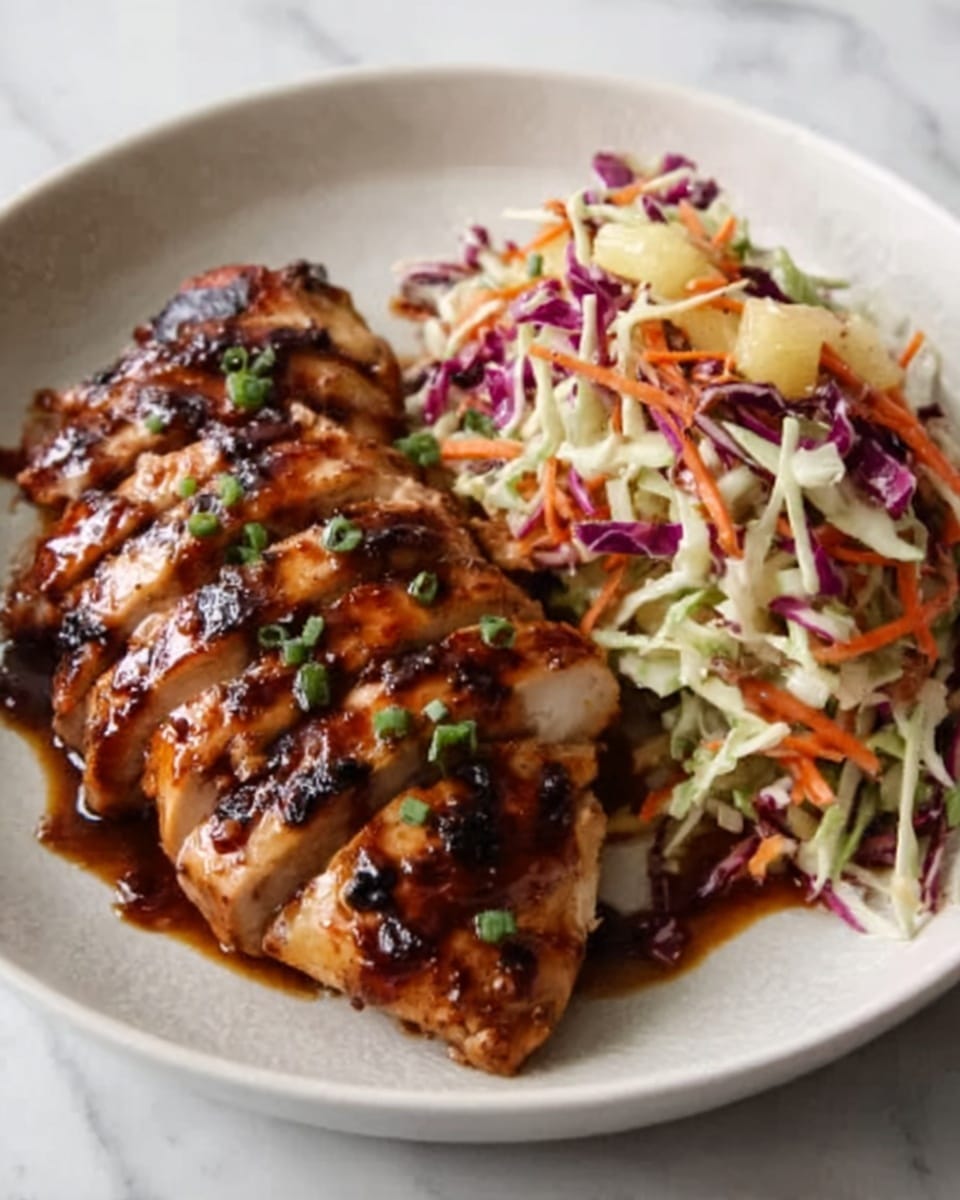 A white bowl holds a serving of sliced grilled chicken with a glossy, dark brown sauce covering the top, giving the chicken a shiny, glazed look. The chicken sits on a mix of colorful coleslaw made of shredded purple cabbage, green cabbage, and orange carrot strips, adding a fresh and crunchy texture. The dish is garnished with small green herb pieces scattered on top. The bowl rests on a white marbled surface. Photo taken with an iphone --ar 4:5 --v 7