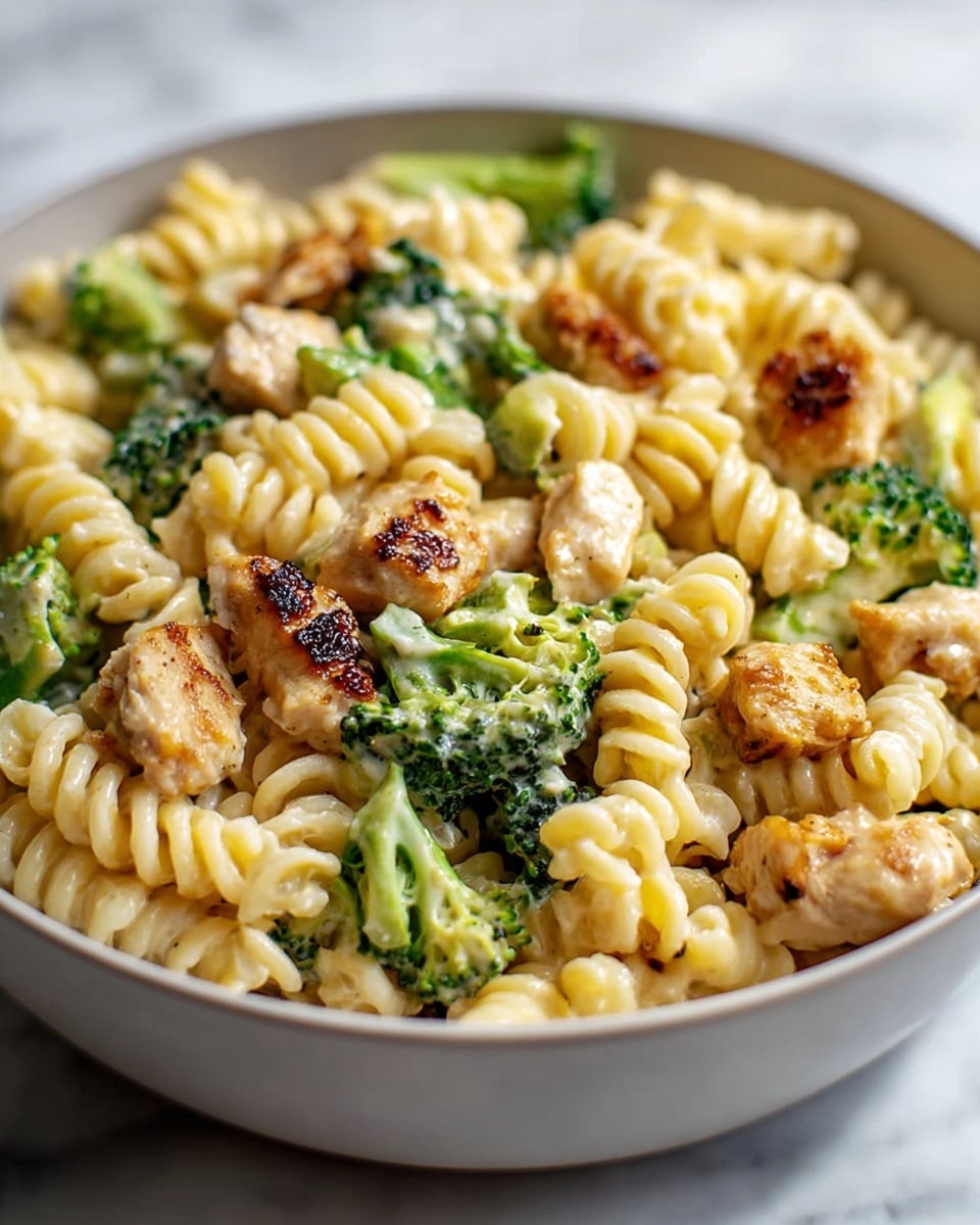 A close-up of a bowl filled with creamy pasta made of spiral rotini noodles that are light beige in color, mixed evenly with bright green broccoli florets that have a slightly roasted look, and small, golden-brown grilled chicken pieces scattered throughout. The pasta has a smooth, rich sauce coating each piece, giving it a shiny texture. The bowl is white and sits on a white marbled surface, with soft natural light highlighting the details of the food. photo taken with an iphone --ar 4:5 --v 7