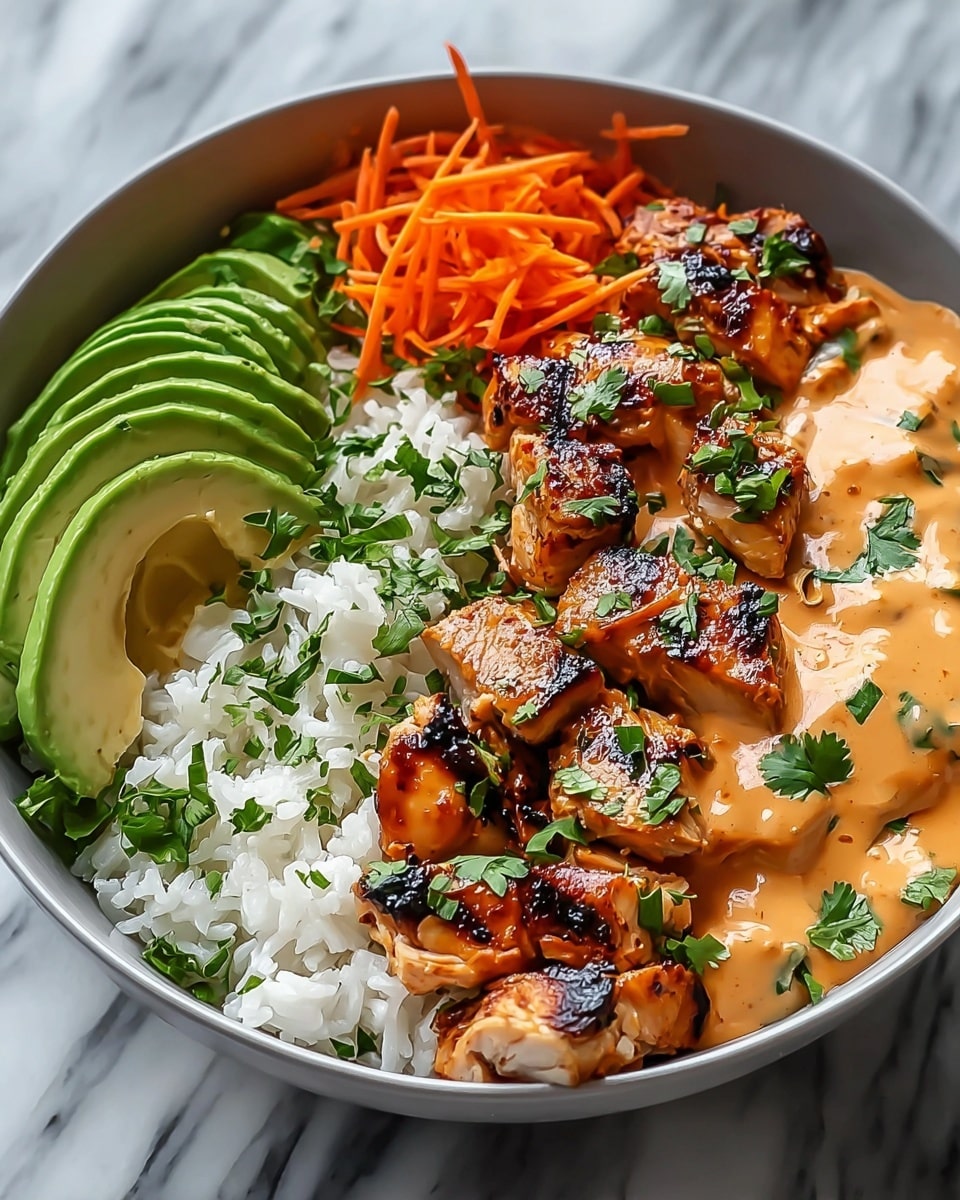 A bowl with four main parts visible from the top: on the left, white fluffy rice; next to it, grilled chicken chunks with a charred texture and garnished with green herbs; above the chicken, thin bright orange carrot strips; on the right side, light green sliced avocado pieces. Over part of the chicken and avocado, a creamy beige sauce with a smooth texture and specks of seasoning is drizzled, topped with more green herbs. The bowl is white, sitting on a white marbled surface. Photo taken with an iphone --ar 4:5 --v 7