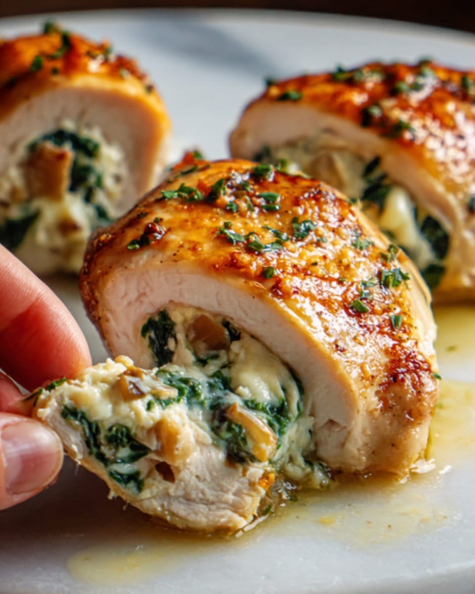 The image shows a close-up of a cooked chicken breast stuffed with creamy cheese mixed with green herbs. The chicken skin is golden brown and crispy, with a slight shine from the cooked juices. The chicken breast is cut open, revealing one thick layer of soft, white filling with green herb pieces inside. Some fresh green herbs are sprinkled on top and the plate has small pools of yellowish sauce around the chicken. The background is a white marbled surface. Photo taken with an iphone --ar 4:5 --v 7