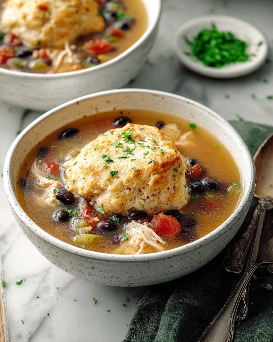 The image shows a white speckled bowl filled with a clear broth soup that has small pieces of grilled chicken, black beans, and diced red tomatoes floating in it. In the center floats a single, round biscuit topped with melted cheese and a sprinkle of chopped green herbs. The bowl sits on a white marbled wooden surface with a green cloth napkin and a silver spoon placed next to it. In the background, part of another similar bowl and a small white dish with extra chopped herbs can be seen. photo taken with an iphone --ar 4:5 --v 7