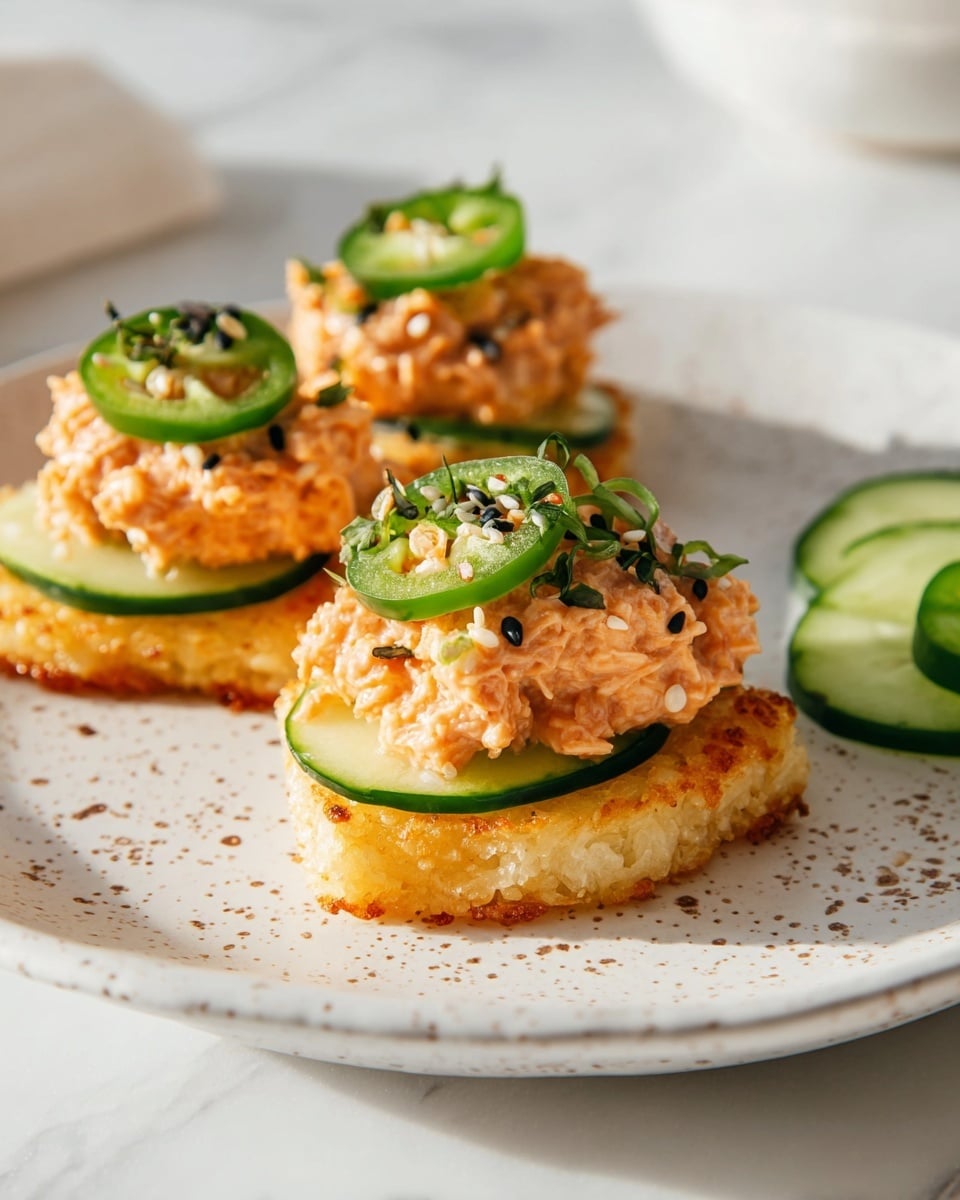 The image shows several bite-sized appetizers arranged on a white plate with brown speckles. Each piece has a thick base layer of golden, crispy rice that is slightly browned and textured. On top of the rice, there are thin slices of fresh green avocado layered neatly. Above the avocado, a creamy, light orange mixture with small chunks provides a soft texture. Each piece is topped with a single bright green slice of jalapeño pepper with visible seeds and tiny chopped chives scattered lightly. The background features a soft, white marbled surface and some stacked white plates. photo taken with an iphone --ar 4:5 --v 7